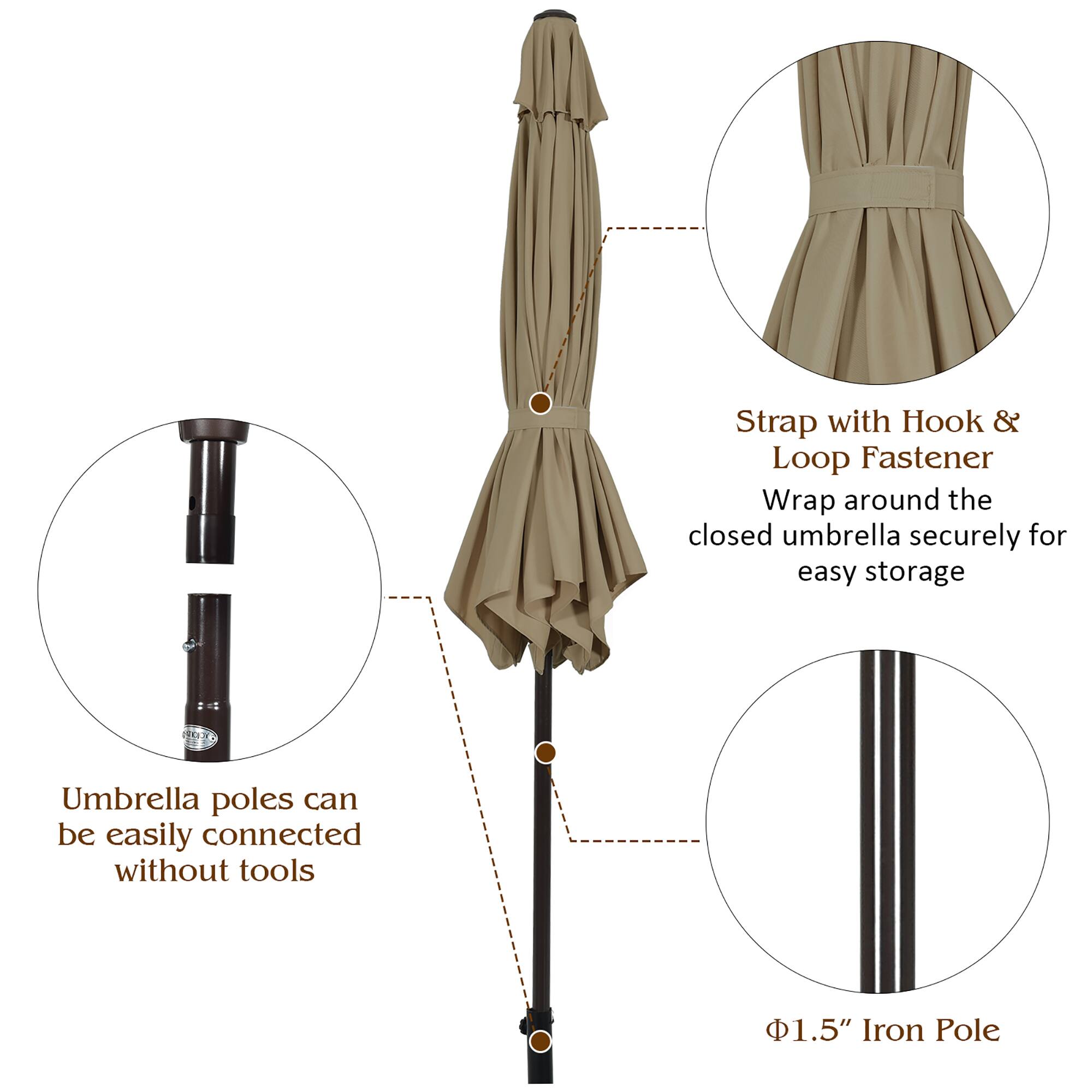 The text on the image is grouped as follows:

1. Strap with Hook & Loop Fastener: Wrap around the closed umbrella securely for easy storage.
2. Umbrella poles can be easily connected without tools.
3. 1.5" Iron Pole.