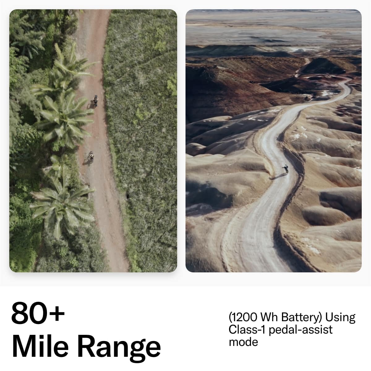 The image shows a dirt road with a person riding a bicycle. The text on the image reads "80+ Mile Range (1200 Wh Battery) Using Class-1 pedal-assist mode." This suggests that the bicycle is equipped with a powerful battery that allows the rider to travel long distances without needing to pedal constantly. The Class-1 pedal-assist mode likely provides additional assistance to the rider, making it easier to pedal and maintain speed, especially on uphill or challenging terrain.