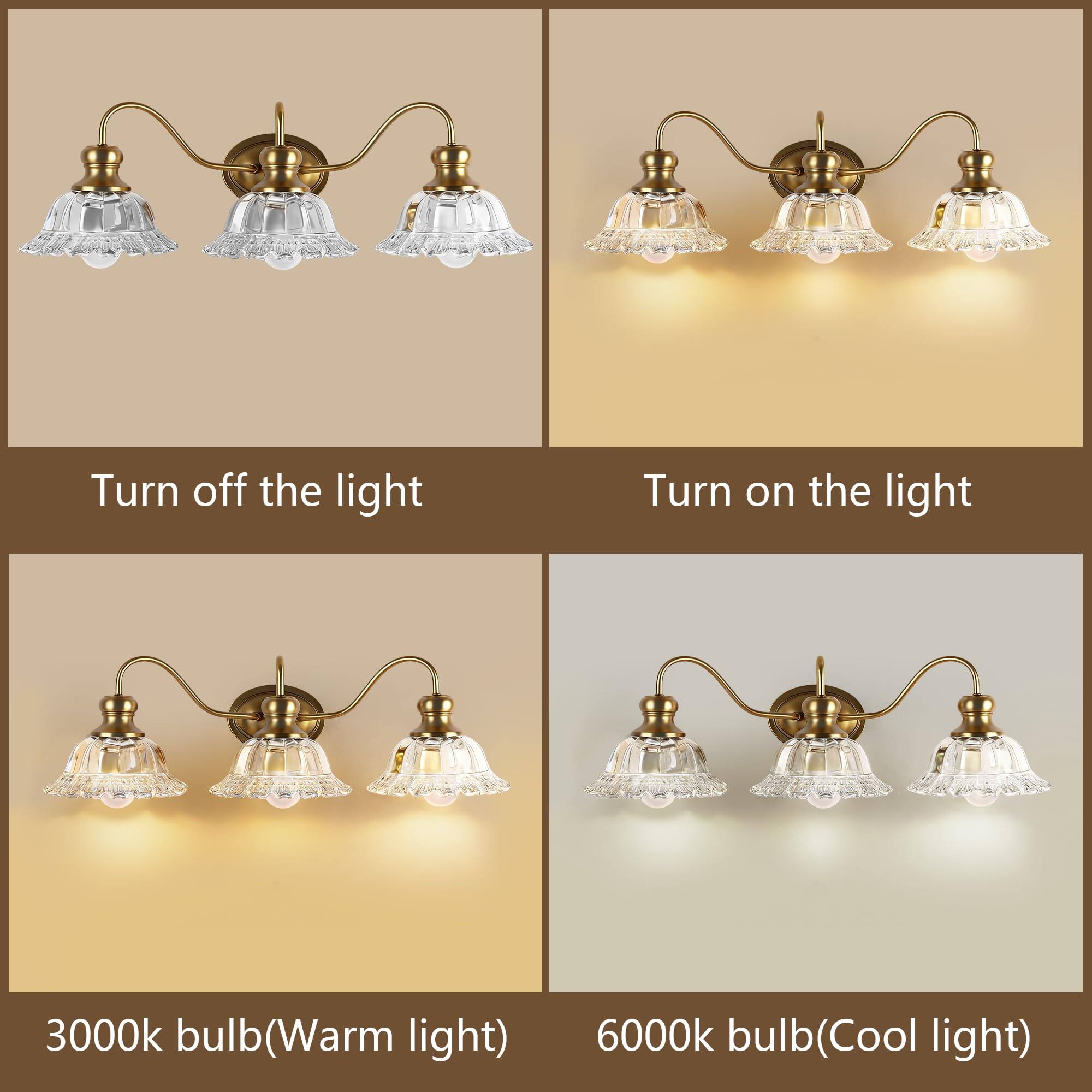 - Turn off the light
- Turn on the light
- 3000k bulb (Warm light)
- 6000k bulb (Cool light)