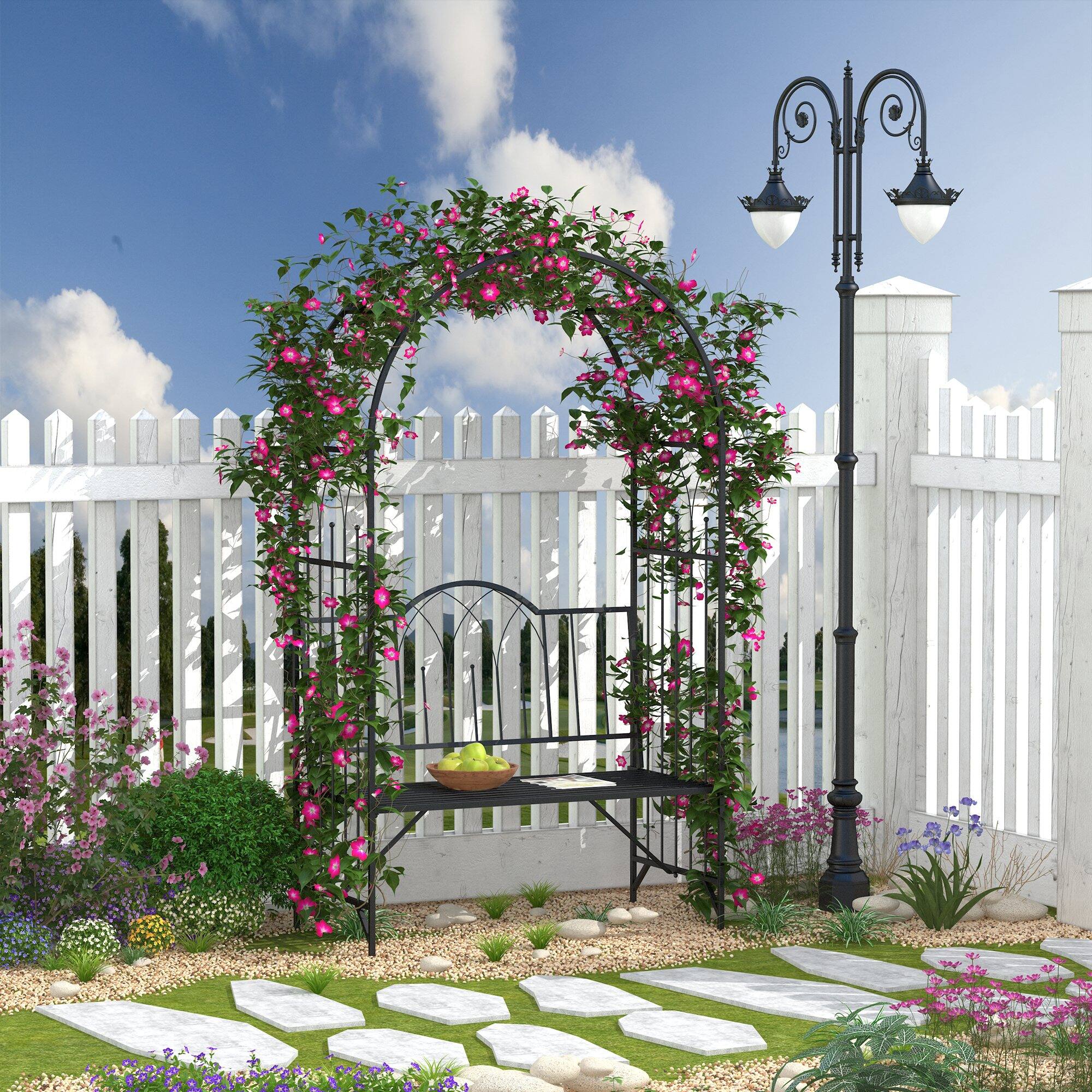 Angle. Outsunny - Metal Trellis Arbor Arch for Climbing Plants with Garden Bench, Grow Grapes & Vines - Black.