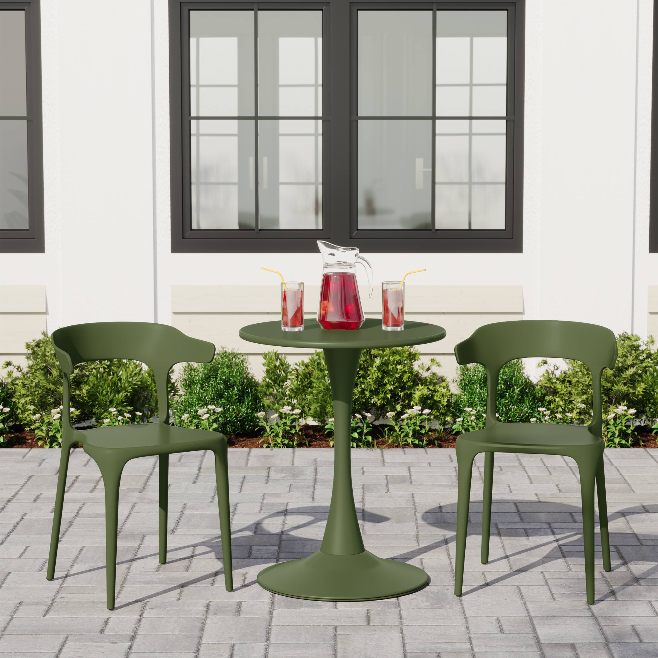 Angle. WestinTrends - WestinTrends Playa 3-Piece Outdoor Metal Patio Dining Table Set With Stackable Modern Patio Side Chairs - Olive Green.