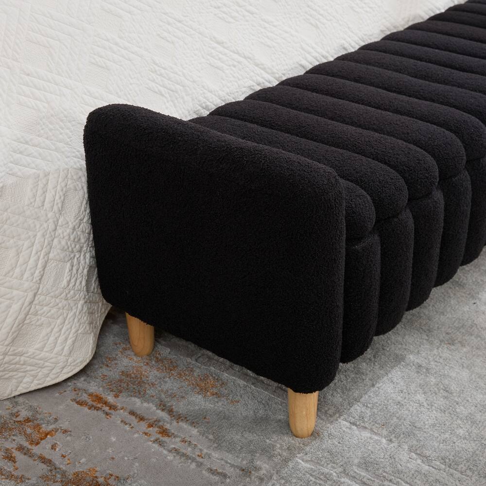 Alt View 7. Ropilly - Ropilly Black Upholstered Storage Bench, Teddy Fabric End of Bed Bench with Armrests and Wood Legs for Entryway - Black.