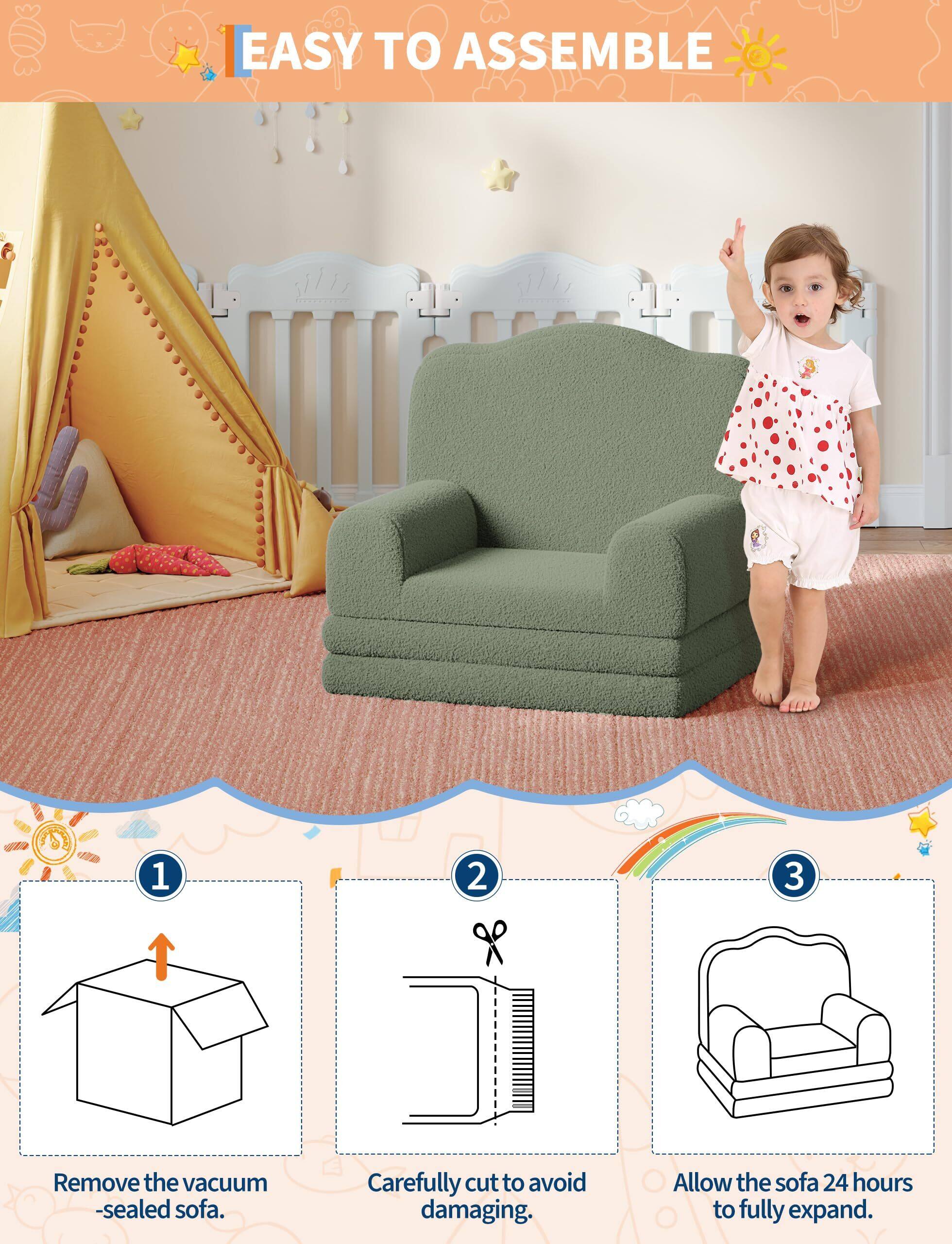 EASY TO ASSEMBLE

1. Remove the vacuum-sealed sofa.
2. Carefully cut to avoid damaging.
3. Allow the sofa 24 hours to fully expand.