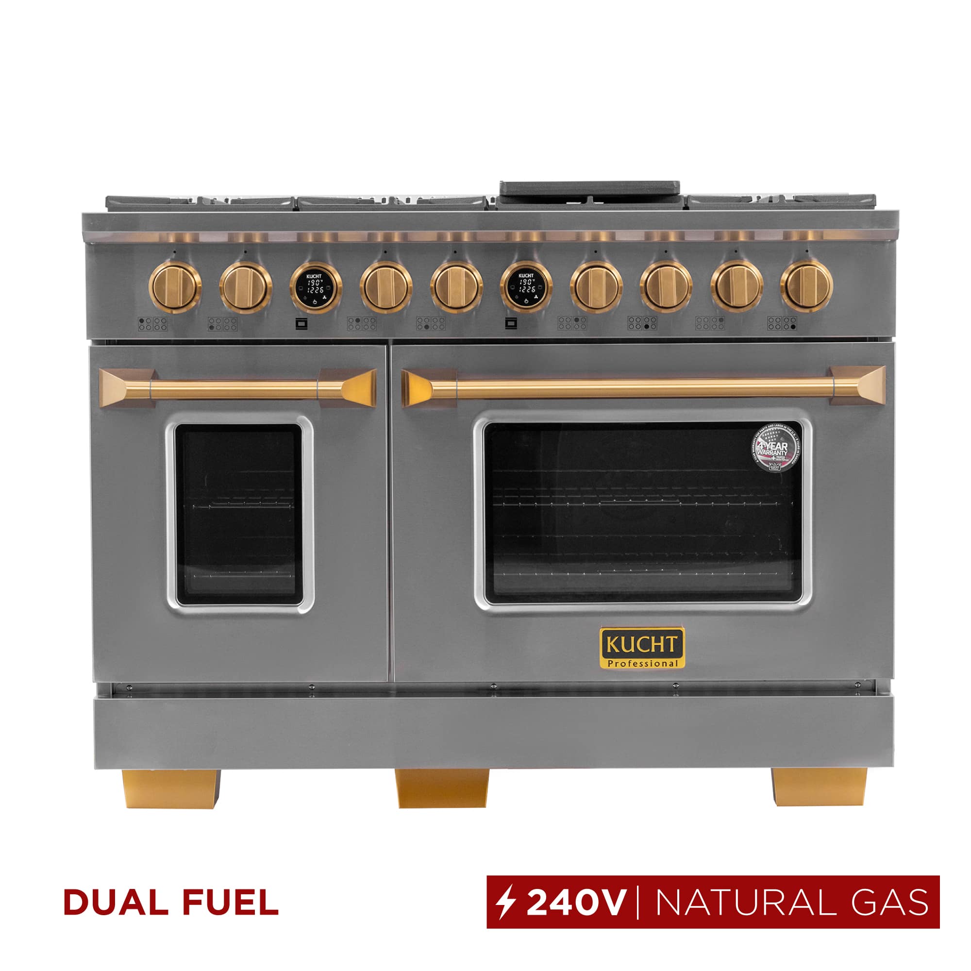 48 in. 6.7 cu. ft. Dual Fuel Range, 8 Burners, NG, SS w/ Gold Accents, Kucht Horus Thermostat - Stainless Steel & Gold