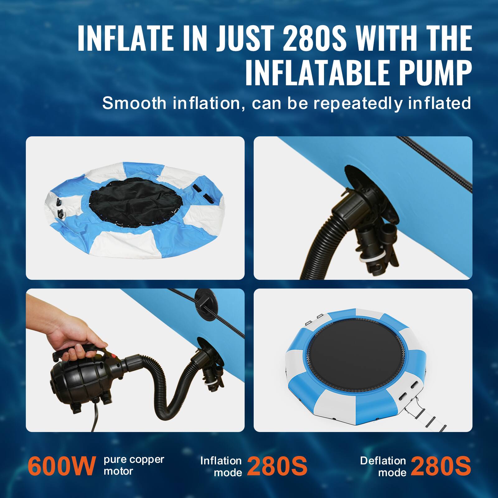 INFLATE IN JUST 280S WITH THE INFLATABLE PUMP. Smooth inflation, can be repeatedly inflated. Pure copper 600W motor. Inflation mode: 280S. Deflation mode: 280S.