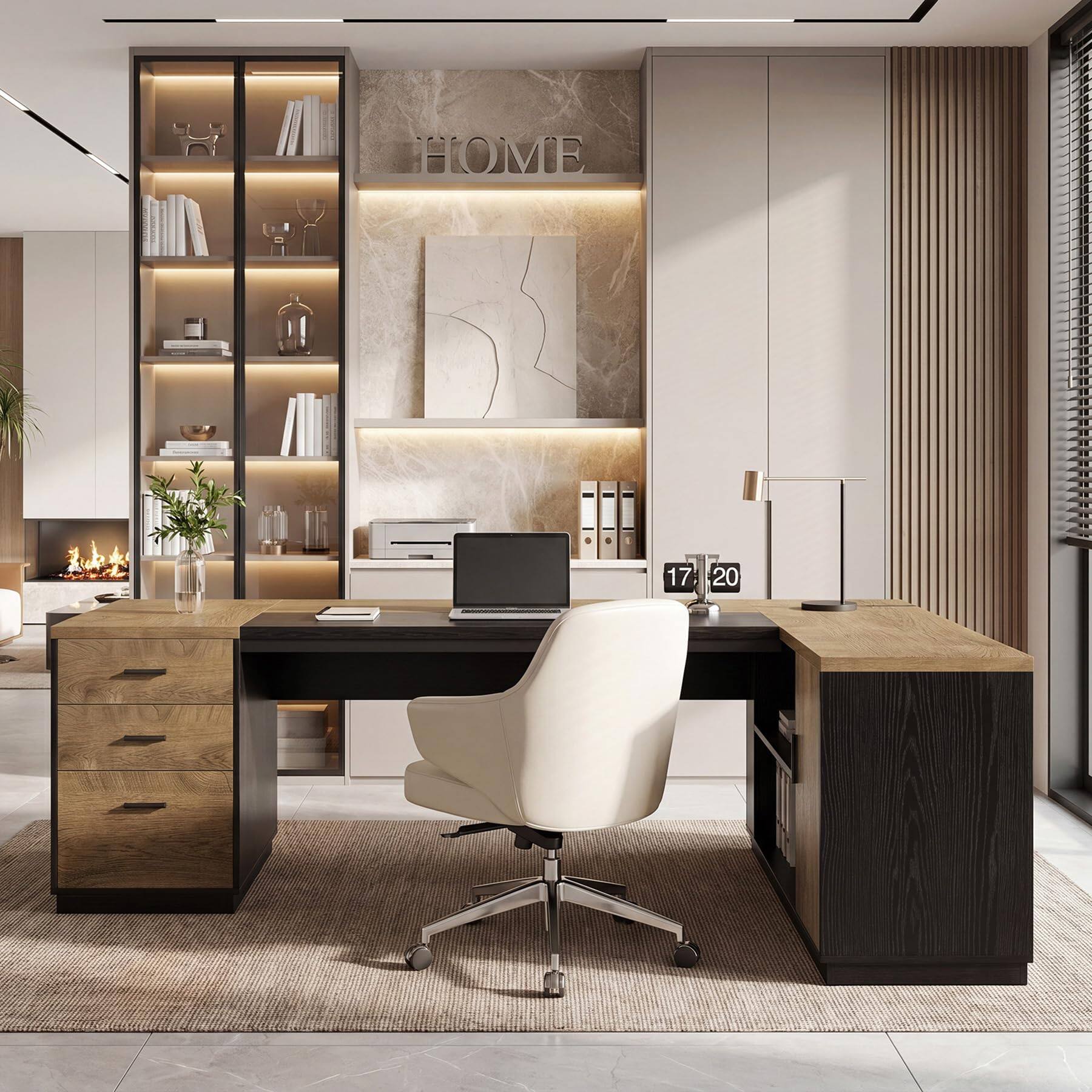 Left. Tribesigns - 86.6-Inch L-Shaped Executive Desk, Extra Large Computer Desk with Drawers & Storage Cabinet, Modern Business Workstation - Brown & Black.