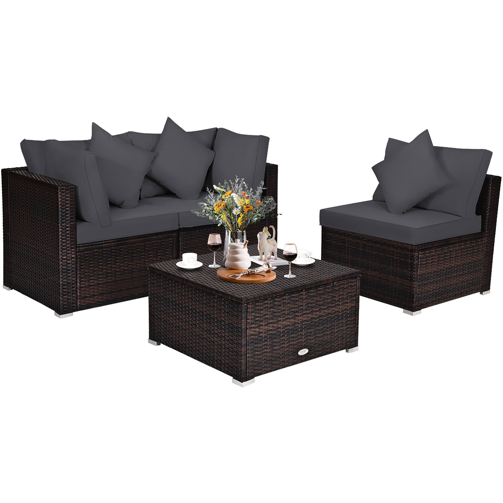Left. Costway - 4PCS Patio Rattan Furniture Set Sofa Ottoman Cushion Garden Deck - Grey.