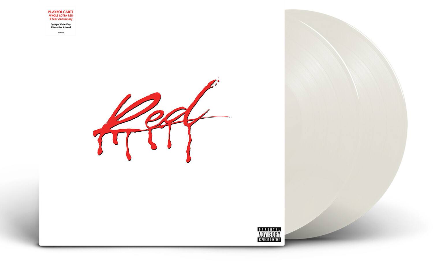 PLAYBOI CARTI  
WHOLE LOTT A RED  
5 Year Anniversary  
Opaque White Vinyl  
Alternative Artwork  

Red  

PARENTAL ADVISORY  
EXPLICIT CONTENT