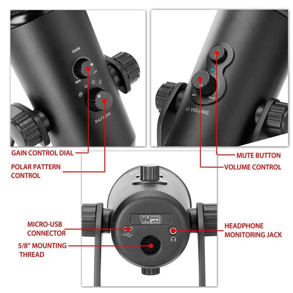 - GAIN CONTROL DIAL
- POLAR PATTERN CONTROL
- VOLUME CONTROL
- MUTE BUTTON
- MICRO-USB CONNECTOR
- 5/8" MOUNTING THREAD
- HEADPHONE MONITORING JACK