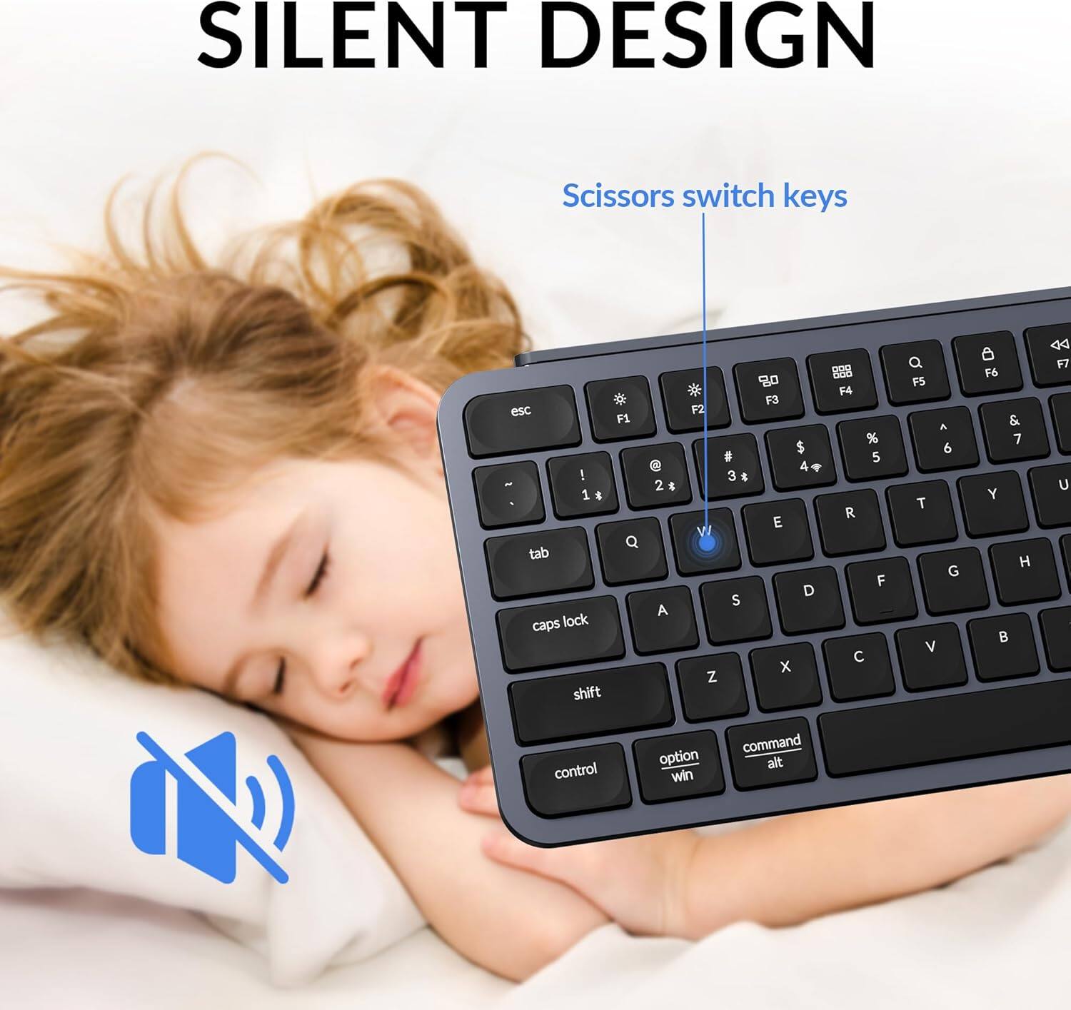 Silent Design: Scissors Switch Keys

Esc: F1
1: Q
2: W
3: E
4: R
5: T
6: Y
7: U
8: I
9: O
0: P

Tab: Q
Caps Lock: W
Shift: E
Control: R
Option: T
Command: Y
Alt: U
Win: I

This image showcases a close-up of a keyboard with a young girl sleeping in the background. The keyboard is designed to be silent, featuring scissors switch keys that allow for a quieter typing experience. The image also includes a diagram of the keyboard layout, indicating the position of each key.