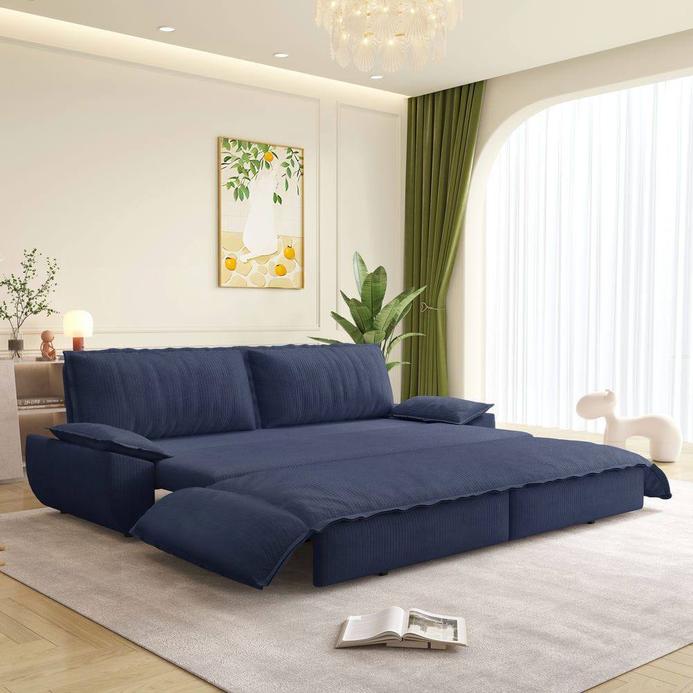 Back. Kadyn - 73.2" Queen Pull Out Sofa Bed, 3-in-1 Convertible Sleeper Sofa, Corduroy Loveseat Bed - Blue.