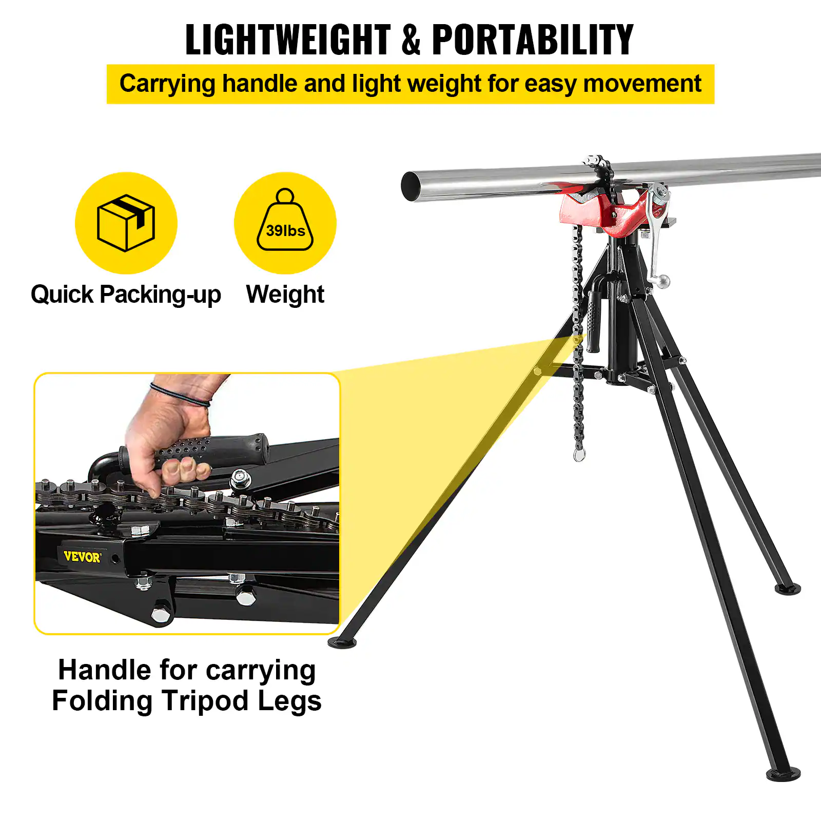 LIGHTWEIGHT & PORTABILITY  
Carrying handle and light weight for easy movement  

Quick Packing-up  
Weight: 39lbs  

Handle for carrying Folding Tripod Legs