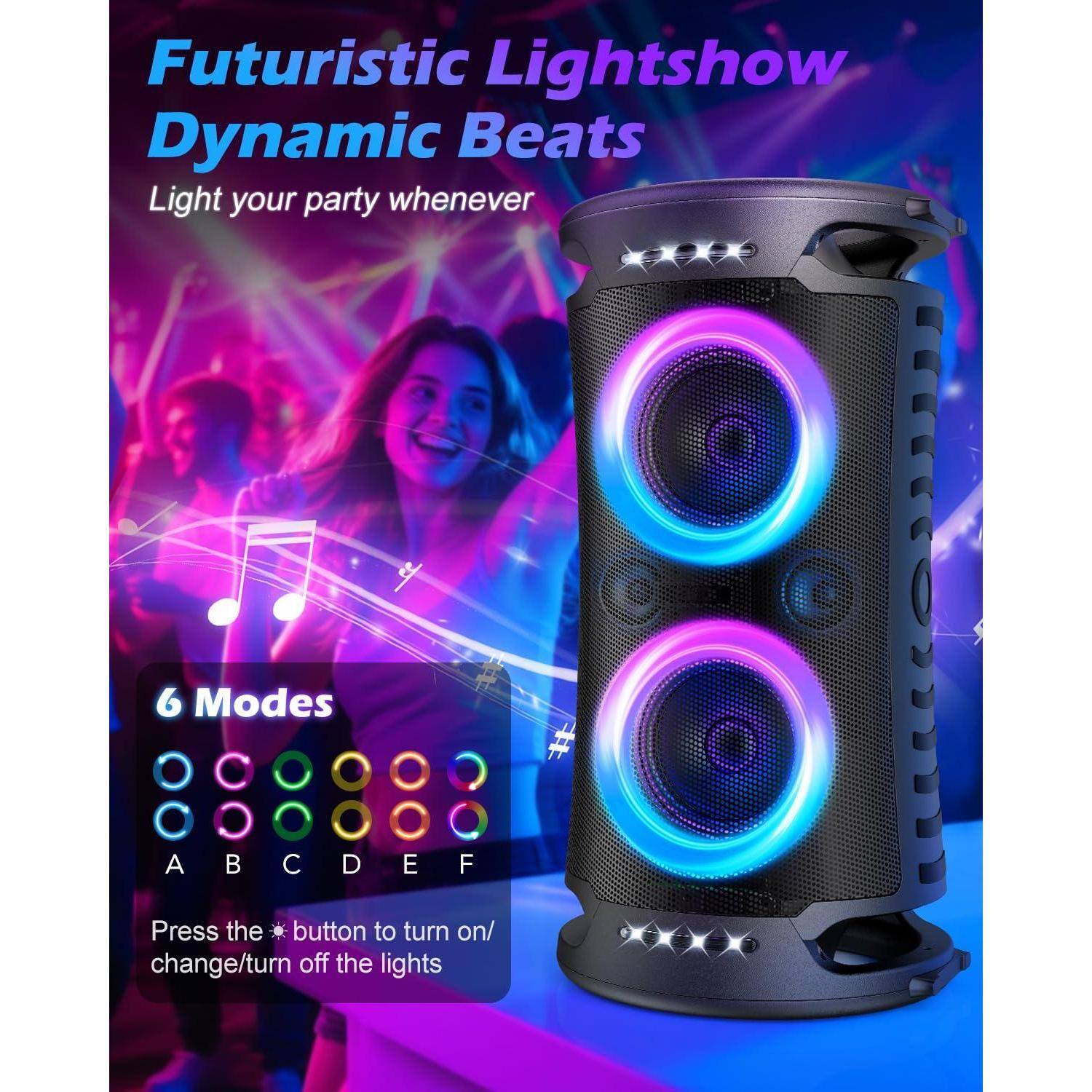 Futuristic Lightshow Dynamic Beats  
Light your party whenever  

6 Modes  
A B C D E F  

Press the * button to turn on/change/turn off the lights
