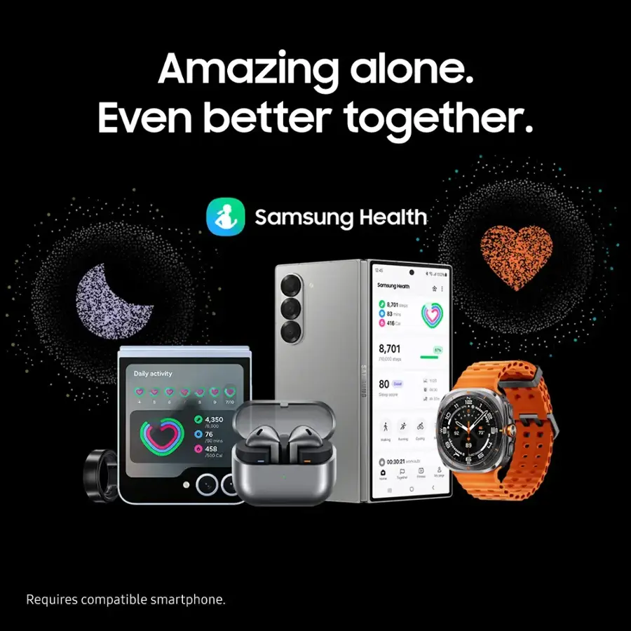 Amazing alone. Even better together. Samsung Health. 2 Hours 10,030 steps 4350 Calories Daily activity 3X 4,350 M000 76 / - 458 /00Cal Ce mu 80 - Seep - ... 1 9 10 - na Autre Bum O 00:30:21 wo a A a - m - - Lee . + 07 1 DI 89 7 - 4 Requires compatible smartphone.