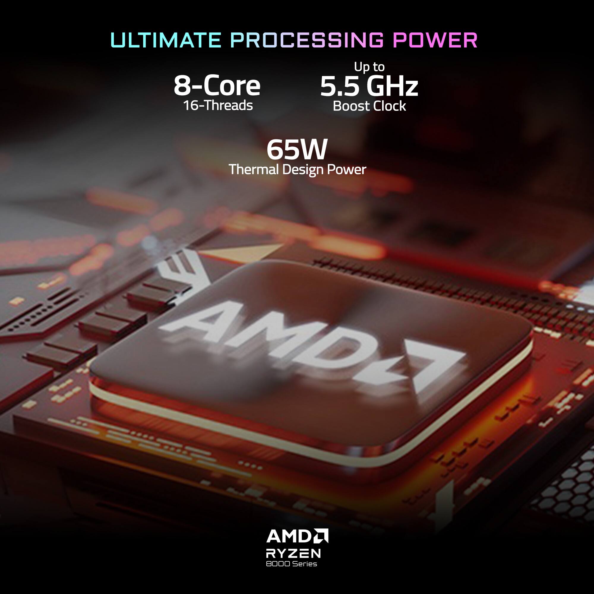 ULTIMATE PROCESSING POWER  
Up to 8-Core 5.5 GHz 16-Threads Boost Clock  
65W Thermal Design Power  
AMD Ryzen 3000 Series