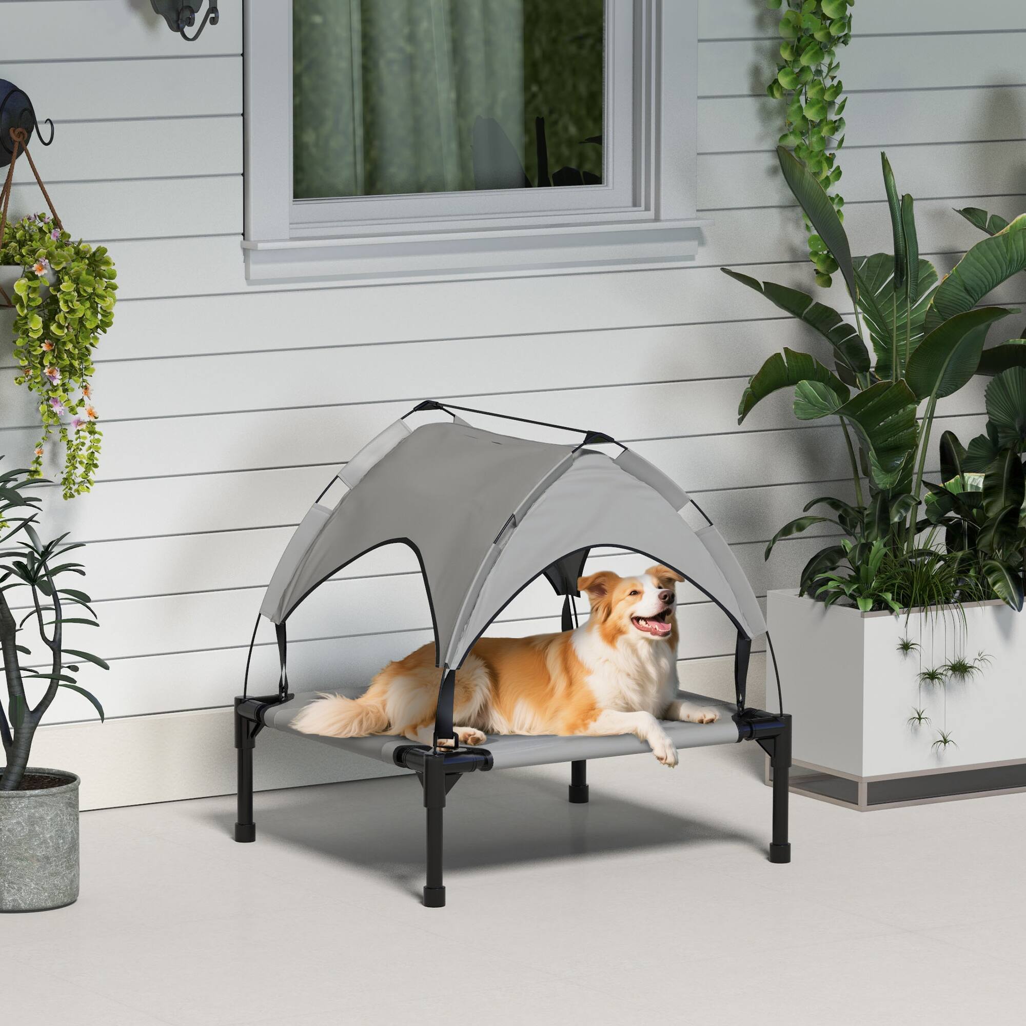 Alt View 1. Pawhut - Dog Bed with Canopy, Raised Outdoor Pet Bed for Camping with Washable Breathable Mesh - Light Gray.