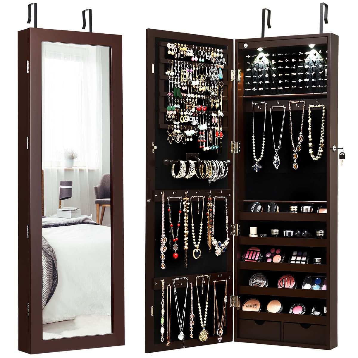 Front. Costway - Wall Mount Mirrored Jewelry Cabinet Organizer LED Lights - Brown.