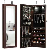 Costway - Wall Mount Mirrored Jewelry Cabinet Organizer LED Lights - Brown - Front_Zoom
