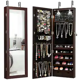 Costway - Wall Mount Mirrored Jewelry Cabinet Organizer LED Lights - Brown