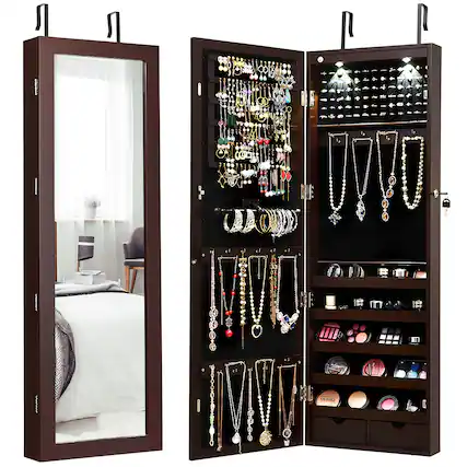 Front. Costway - Wall Mount Mirrored Jewelry Cabinet Organizer LED Lights - Brown.