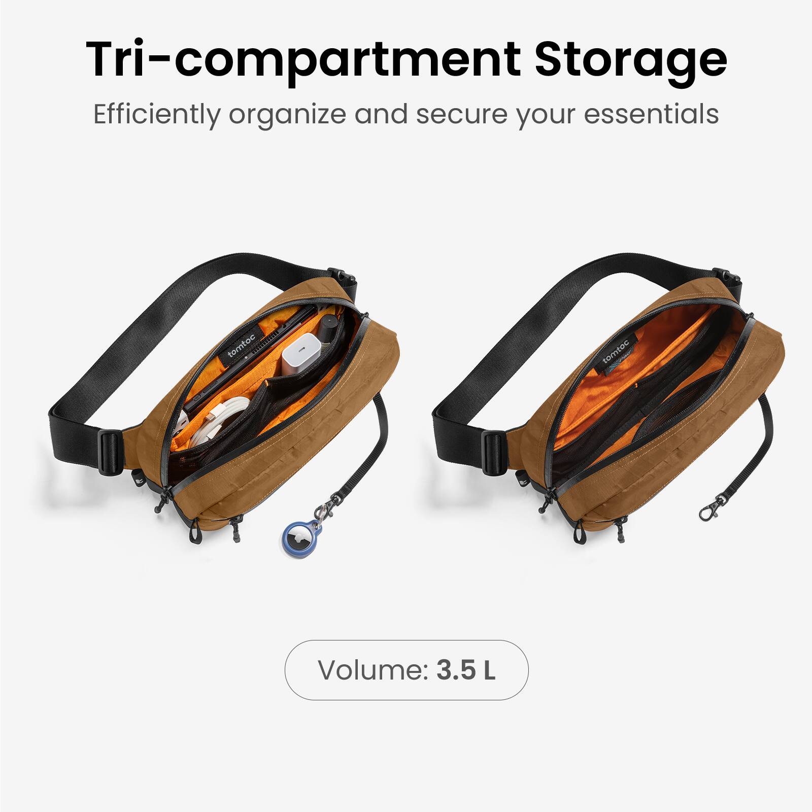Tri-compartment Storage  
Efficiently organize and secure your essentials  

Volume: 3.5 L