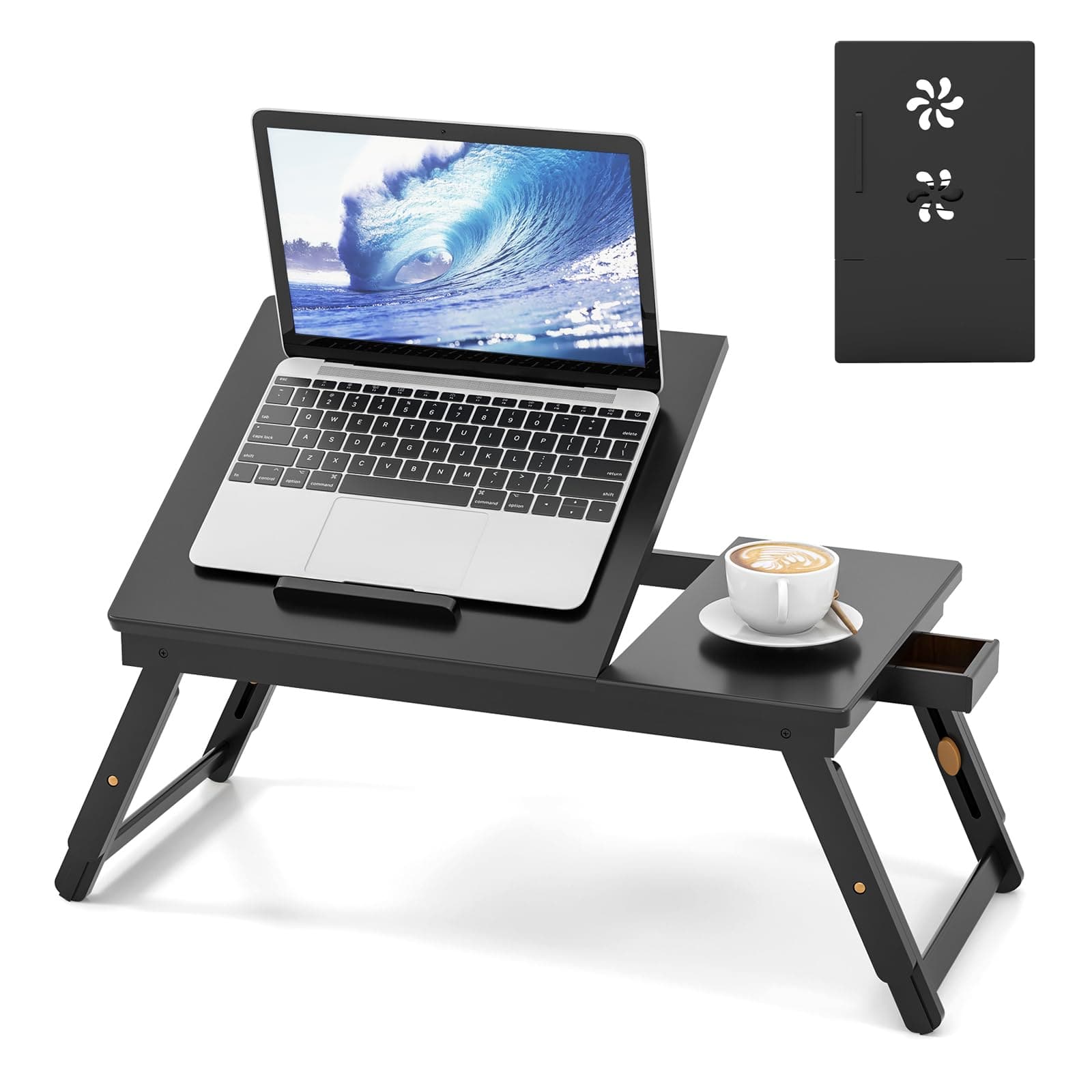 Ecooso - Bamboo Laptop Desk with Tilting Top and Drawer, Compact Workstation for Home Office - Black