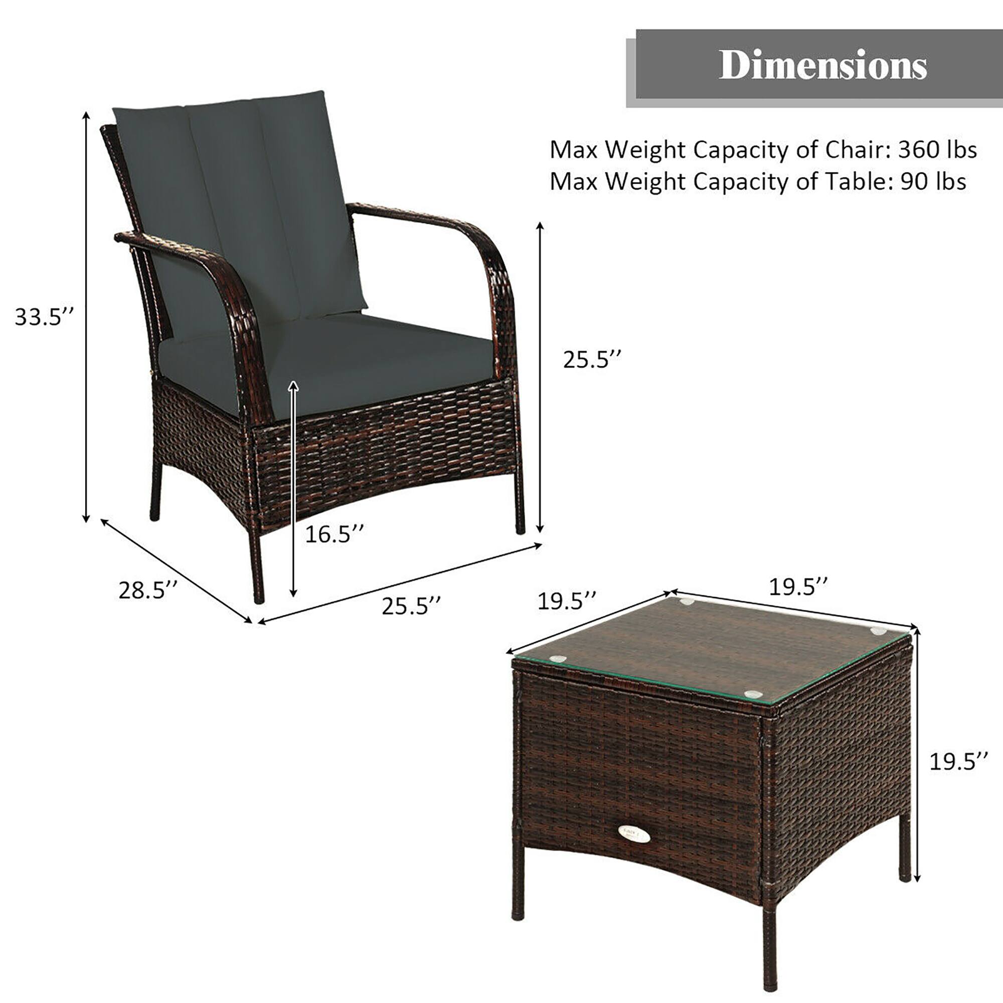 Dimensions:
Max Weight Capacity of Chair: 360 lbs
Max Weight Capacity of Table: 90 lbs

Dimensions:
33.5" (W) x 25.5" (D) x 16.5" (H)
28.5" (W) x 25.5" (D) x 19.5" (H)
25.5" (W) x 19.5" (D) x 19.5" (H)