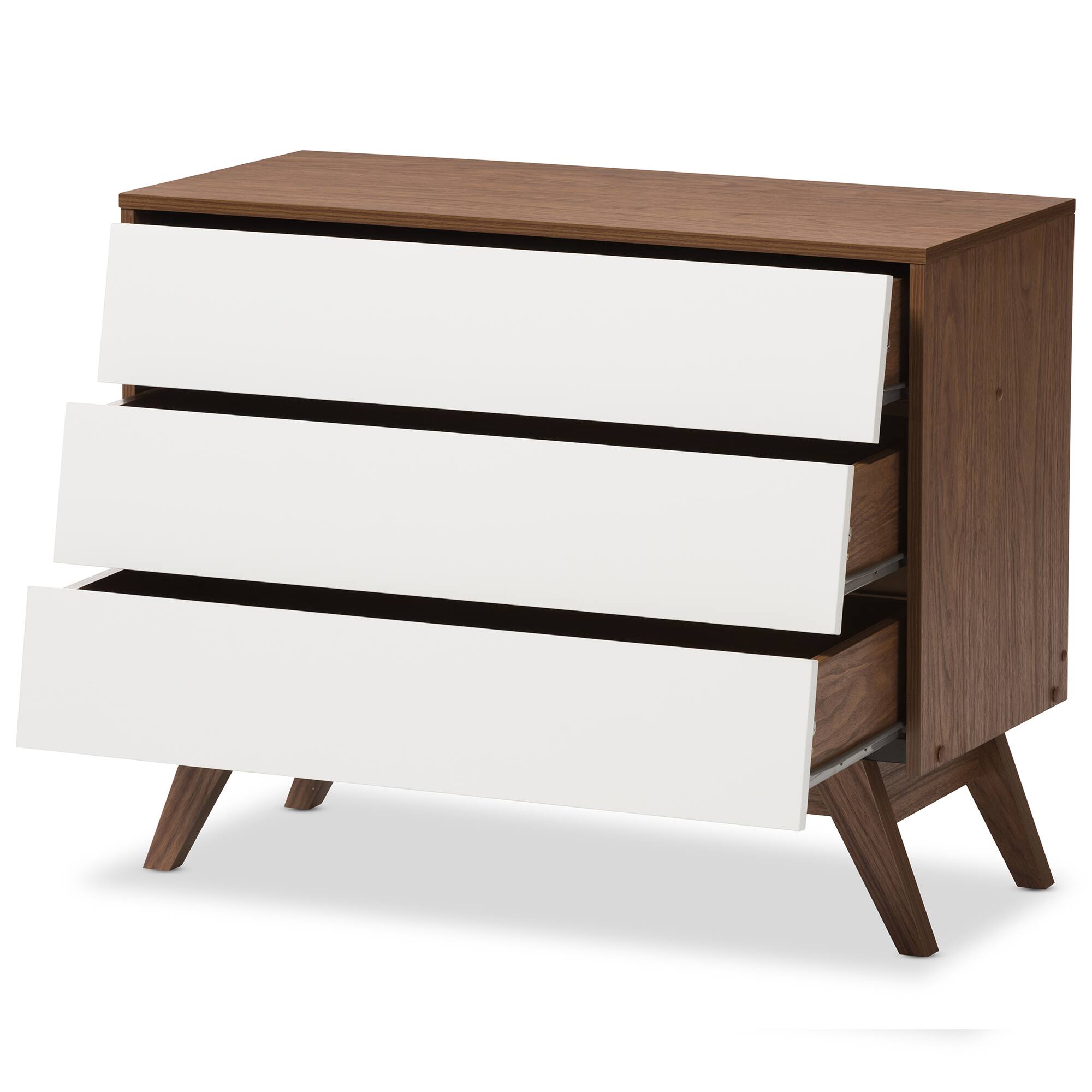 Angle. Baxton Studio - Hildon Mid-Century Modern Wood 3-Drawer Storage Chest - White/"Walnut" Brown.