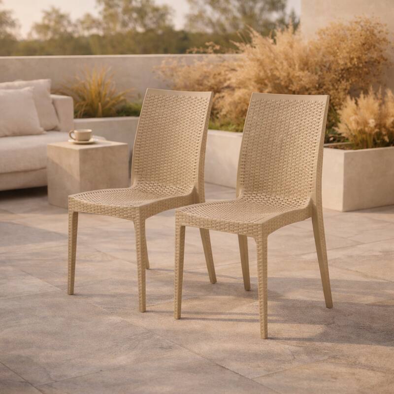 Angle. LeisureMod - Mace 2-Pieces Modern Ergonomic Dining Chair with Stackable and Wicker Style - Taupe.