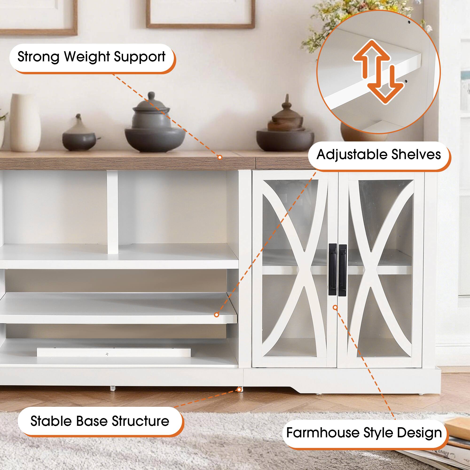 Strong Weight Support  
Adjustable Shelves  
Stable Base Structure  
Farmhouse Style Design