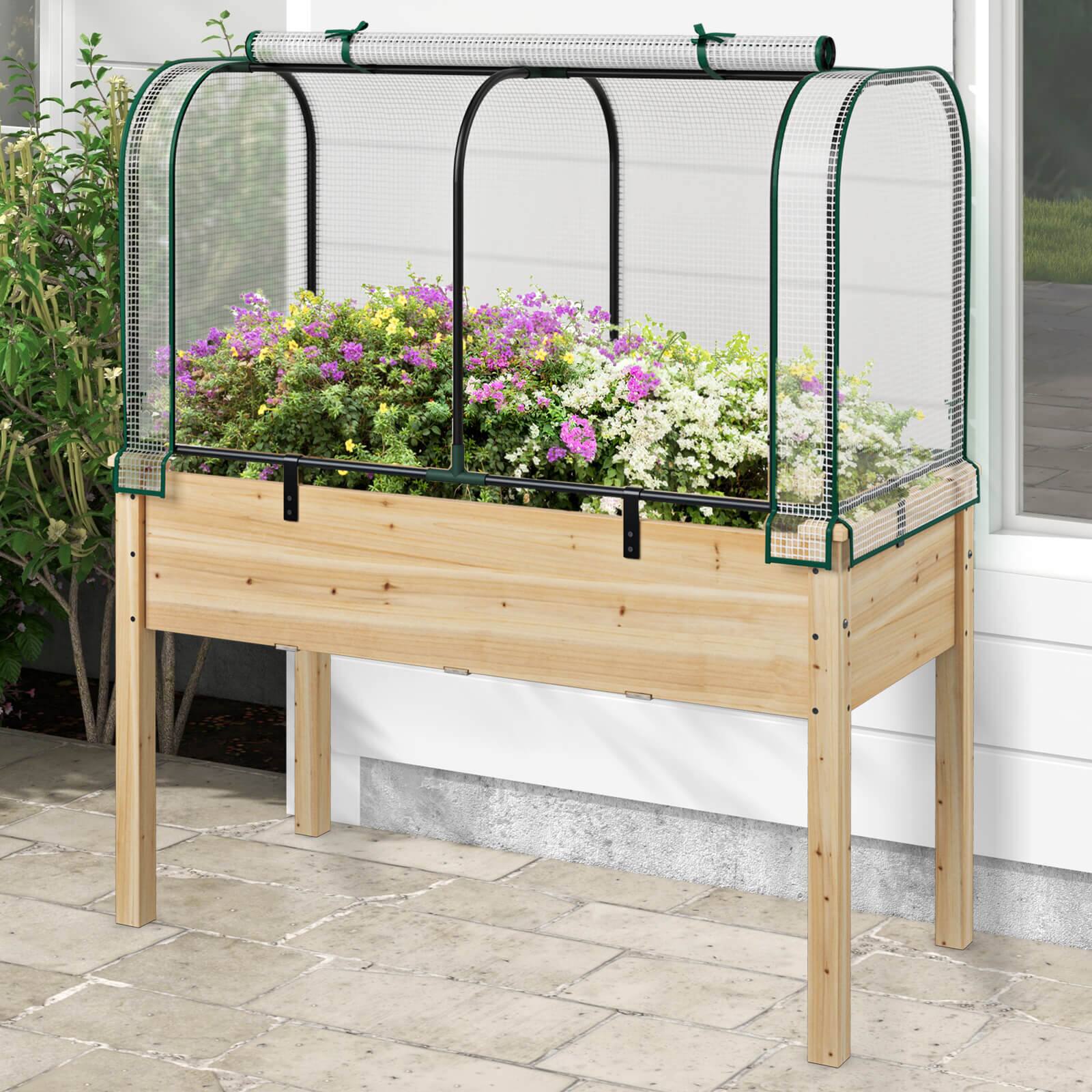 Alt View 1. Costway - Costway Wood Raised Garden Bed with Greenhouse Cover Mini Portable Greenhouse Kit - White+Beige.