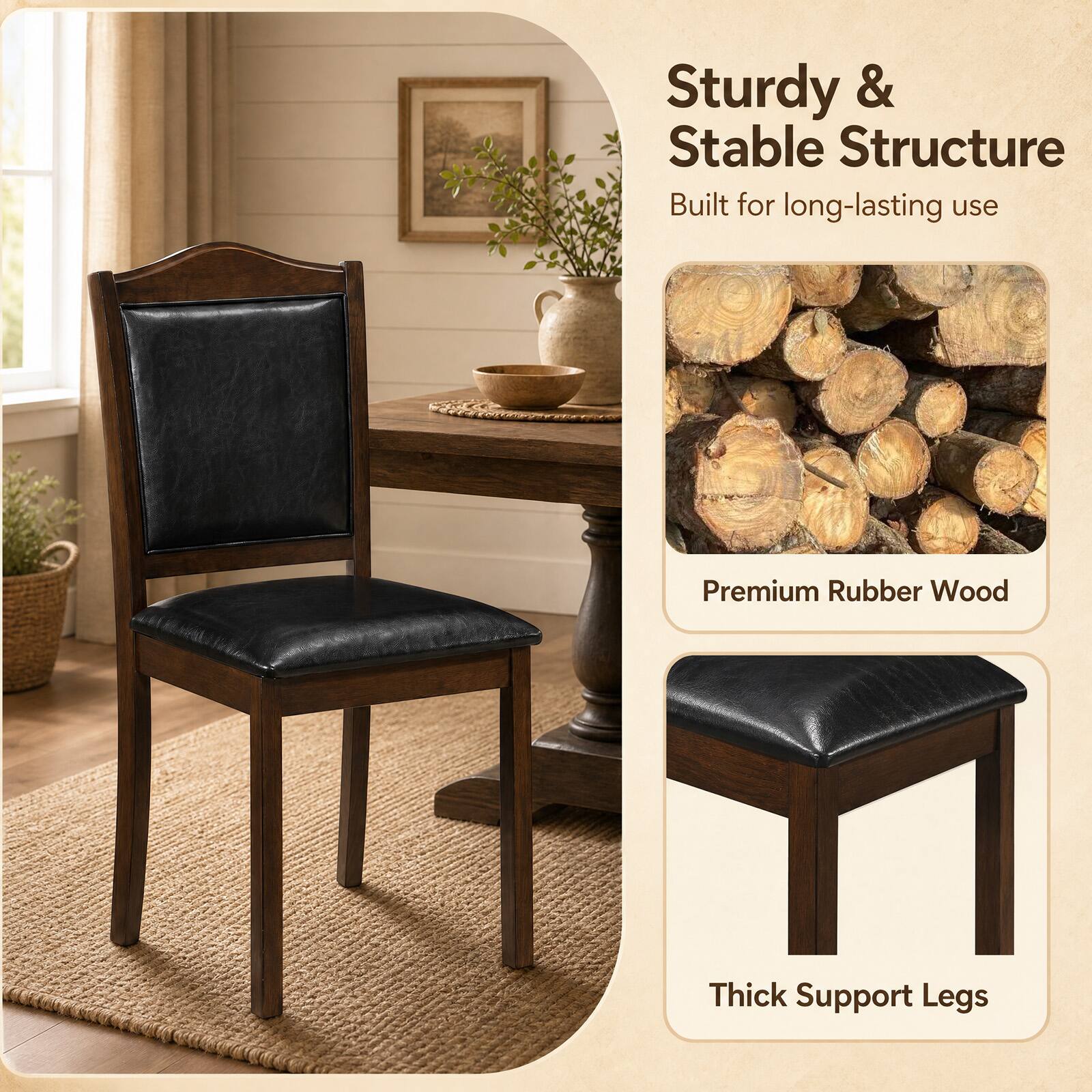 Sturdy & Stable Structure  
Built for long-lasting use  

Premium Rubber Wood  

Thick Support Legs