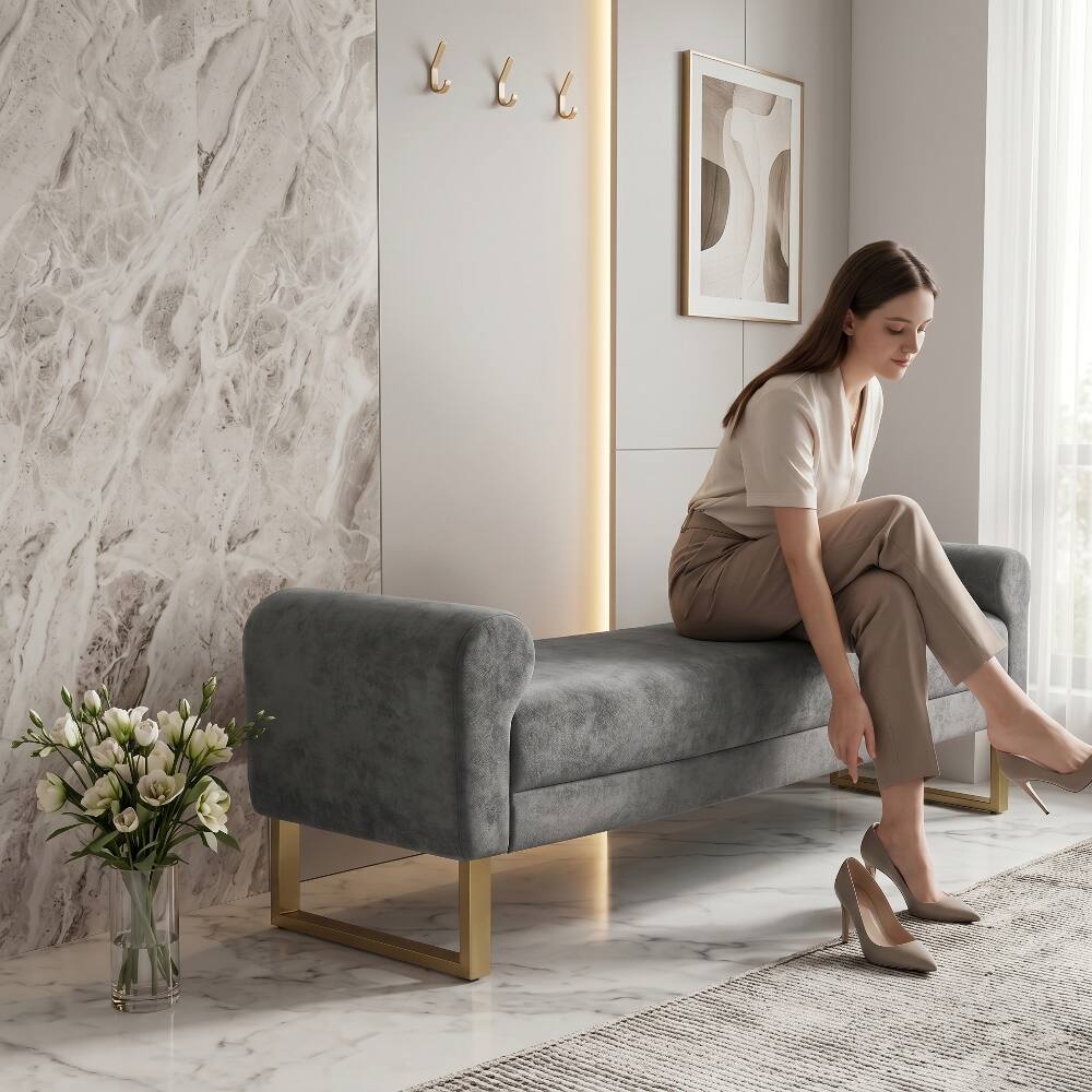 Ropilly - 65" Dark Grey Chenille End of Bed Bench with Gold Legs, Modern Upholstered Ottoman Bench - Dark Gray