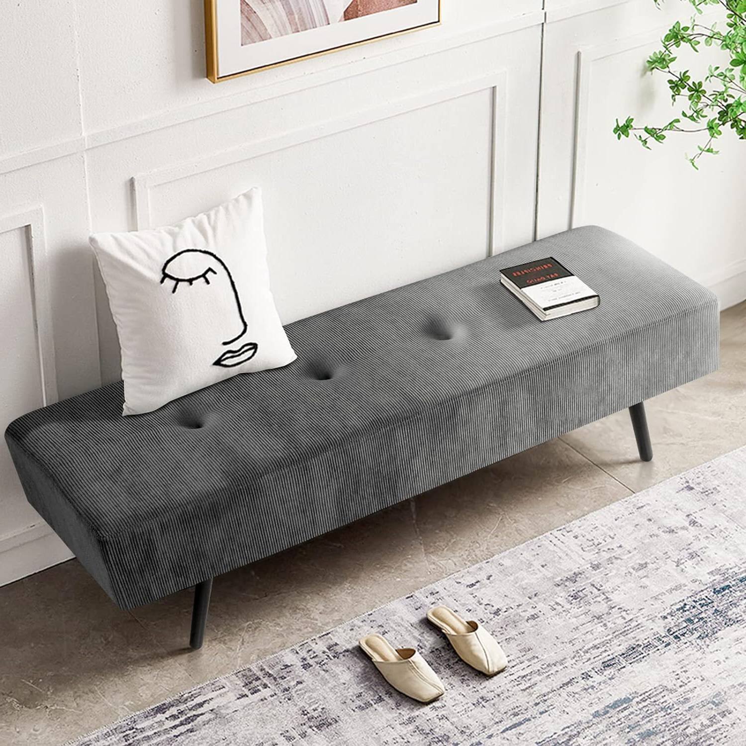 Angle. Hivvago - Mid-Century Grey Corduroy Upholstered End of Bed Bench with Metal Legs - Grey.