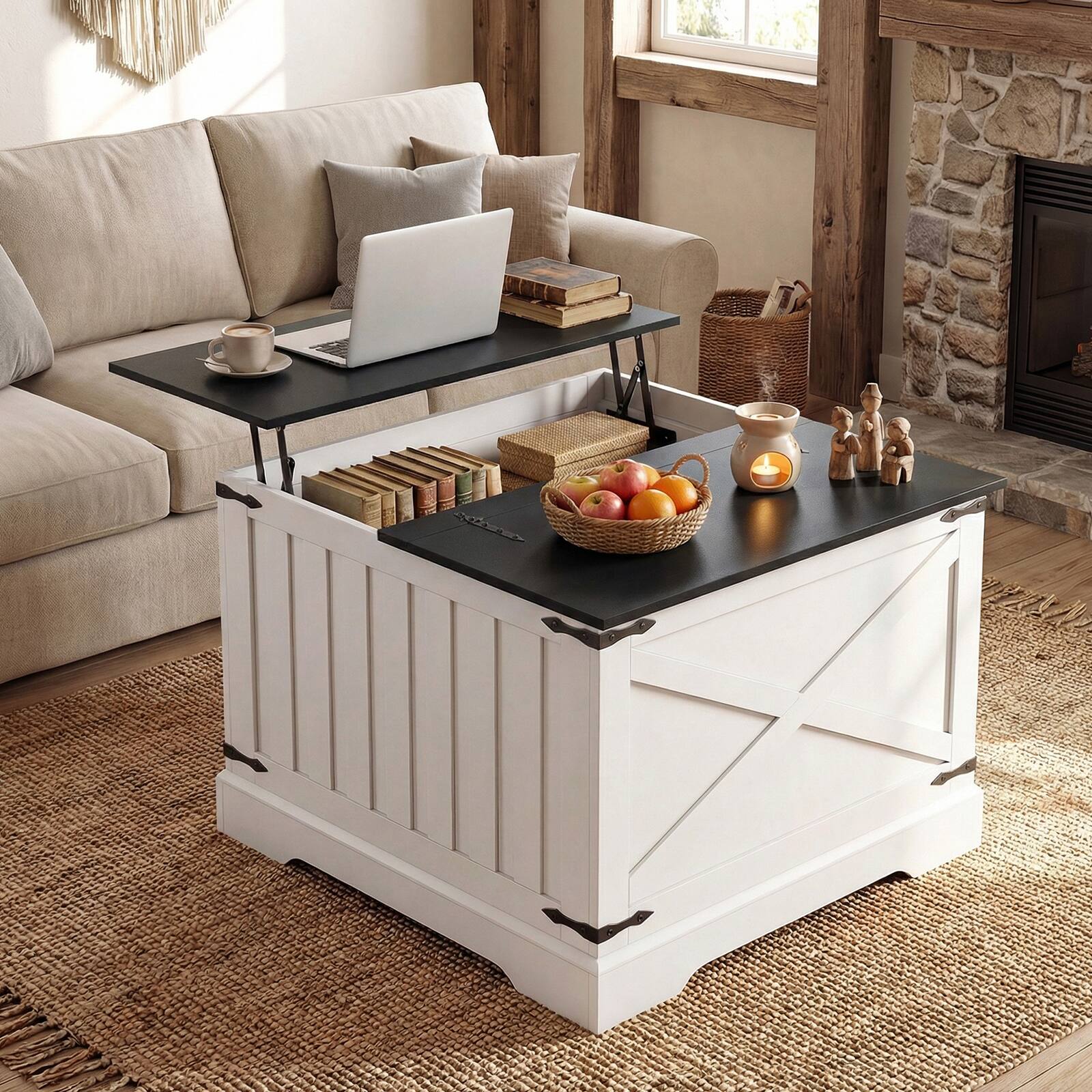 Alt View 1. Gymax - Gymax 31.5'' Farmhouse Lift Top Coffee Table w/Hidden Storage Compartment for Home Black - Black.