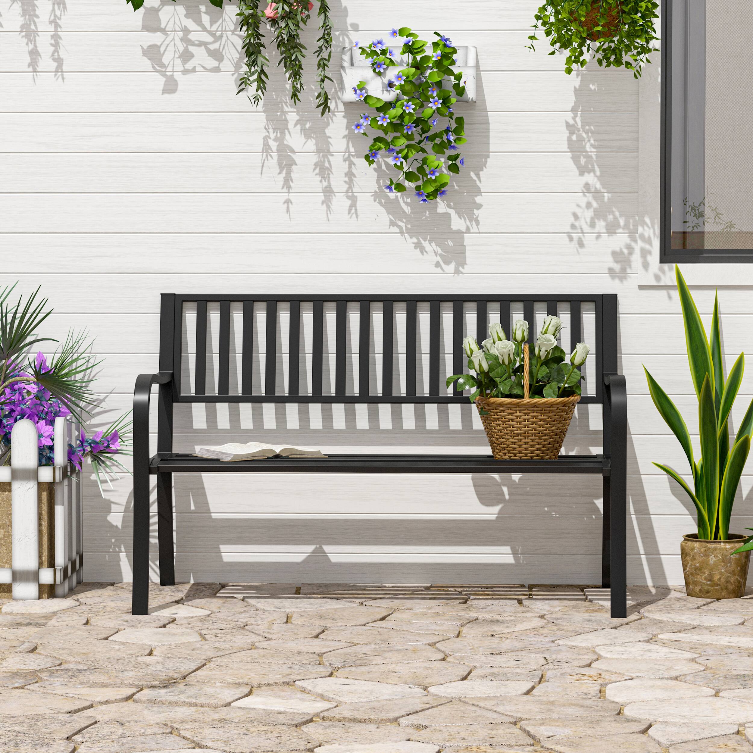 Angle. AOOLIVE - 50" Outdoor Garden Bench, Patio Bench with Slatted Seat, Metal Porch Bench for Backyard, Poolside, Lawn, Black - Black.