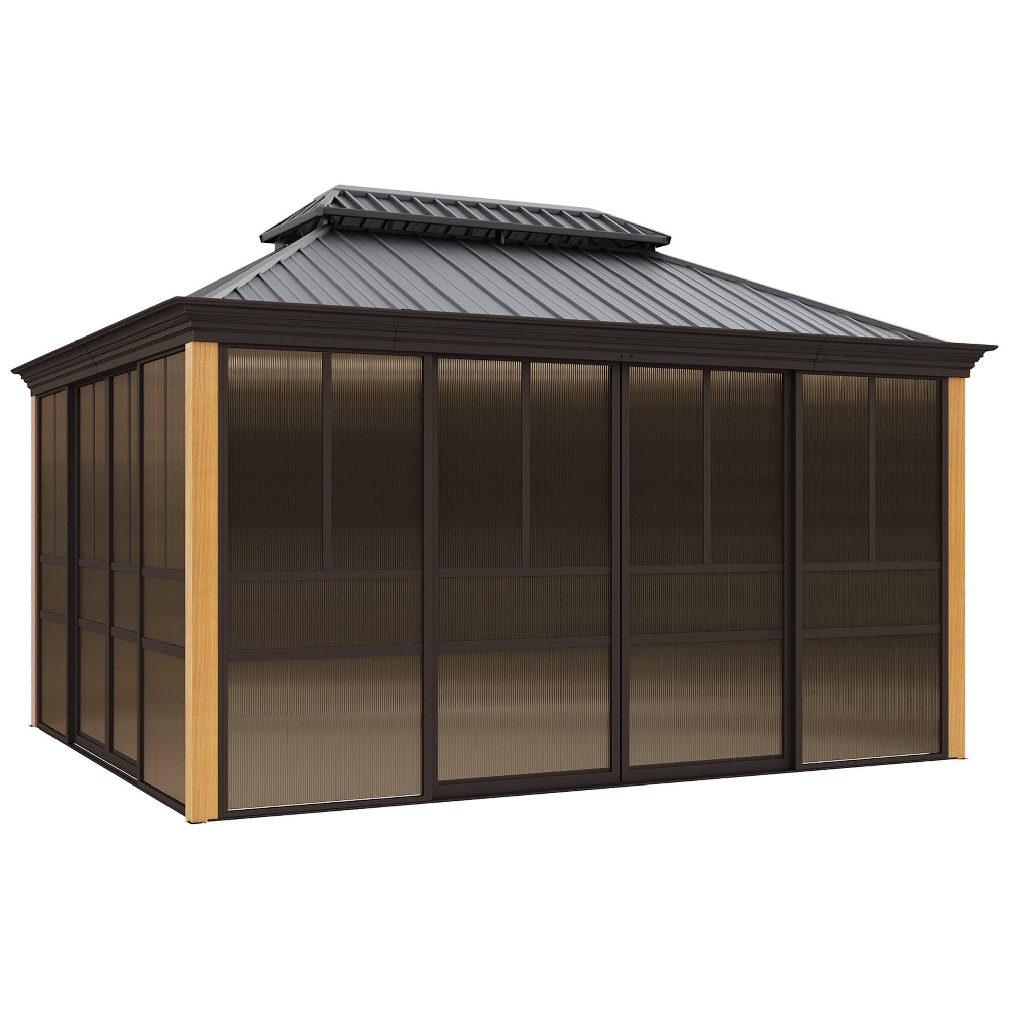 Angle. U-HOMY - Hardtop Sunroom Gazebo with Double Steel Roof, Sliding Doors & Screens, All-Season Aluminum Pergola - 12' x 14'.