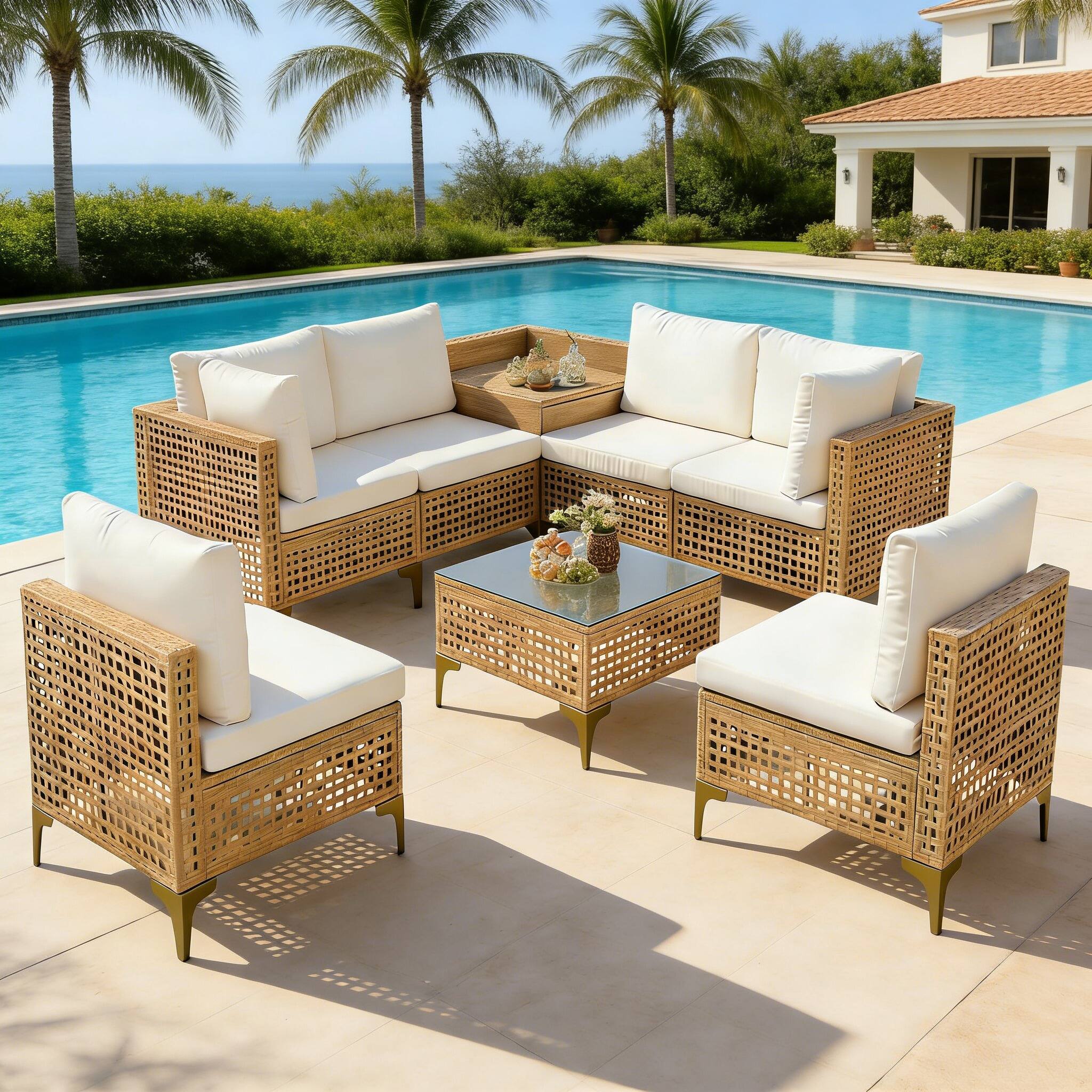 Angle. Ainfox - Ainfox 8 Piece Wicker Patio Furniture Set,Outdoor Conversation Set Sectional Sofa with Thick Cushions for Backyard,Porch - 8PCS Beige.