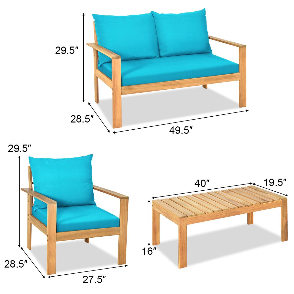 The text can be grouped as follows:

- Sofa dimensions: 29.5", 28.5", 49.5"
- Chair dimensions: 29.5", 28.5", 27.5"
- Ottoman dimensions: 40", 19.5", 16"
