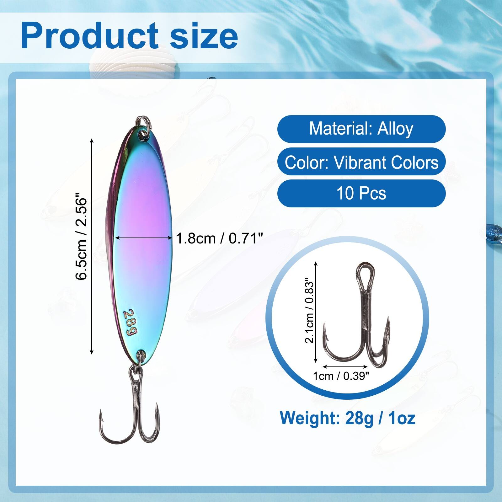 Product size: 2.56" / 6.5cm  
Material: Alloy  
Color: Vibrant Colors  
10 Pcs  
Weight: 28g / 1oz