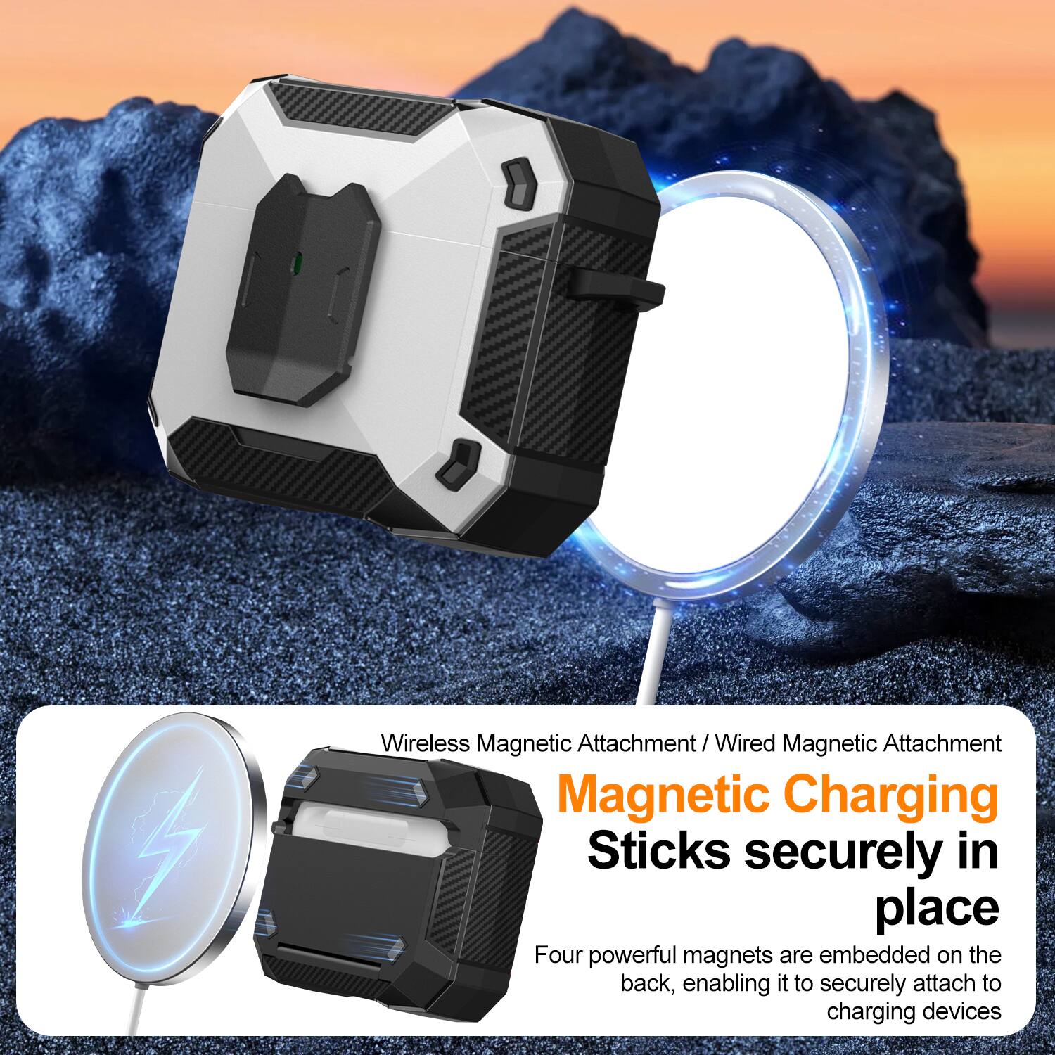 Wireless Magnetic Attachment / Wired Magnetic Attachment

Magnetic Charging Sticks securely in place

Four powerful magnets are embedded on the back, enabling it to securely attach to charging devices