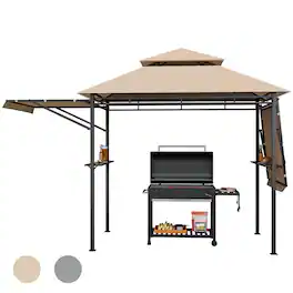 Gymax - 13.5' x 4' Patio BBQ Grill Gazebo Side Awnings Shelves 2-Tier Canopy Outdoor - Beige