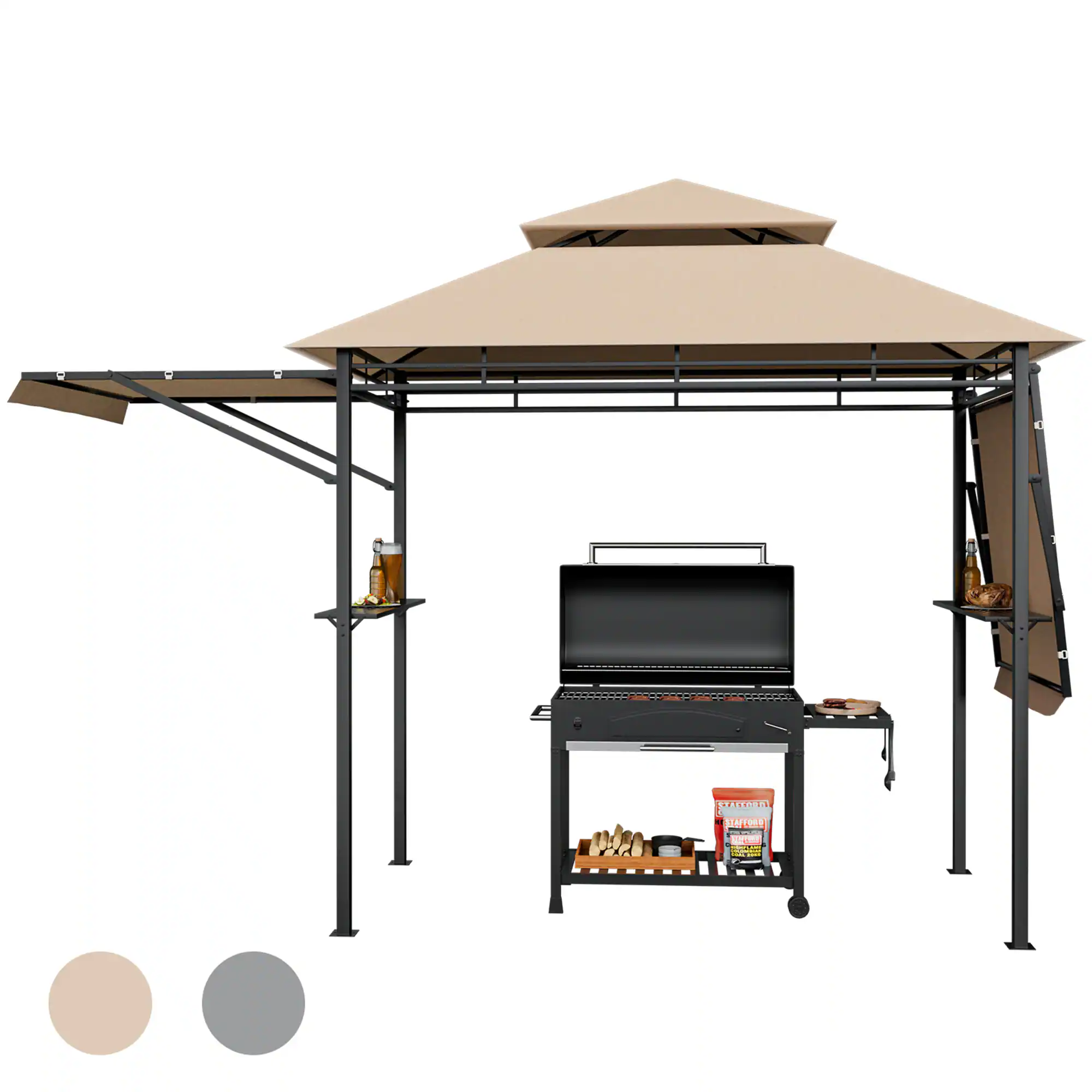 Gymax - 13.5' x 4' Patio BBQ Grill Gazebo Side Awnings Shelves 2-Tier Canopy Outdoor - Beige