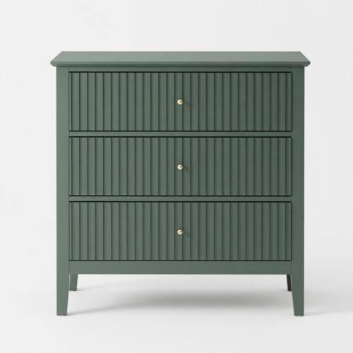 Alt View 4. LUCKY ONE - 32" Assembled Wide Fluted Nightstand 3-Drawer Gold Knobs - Green.