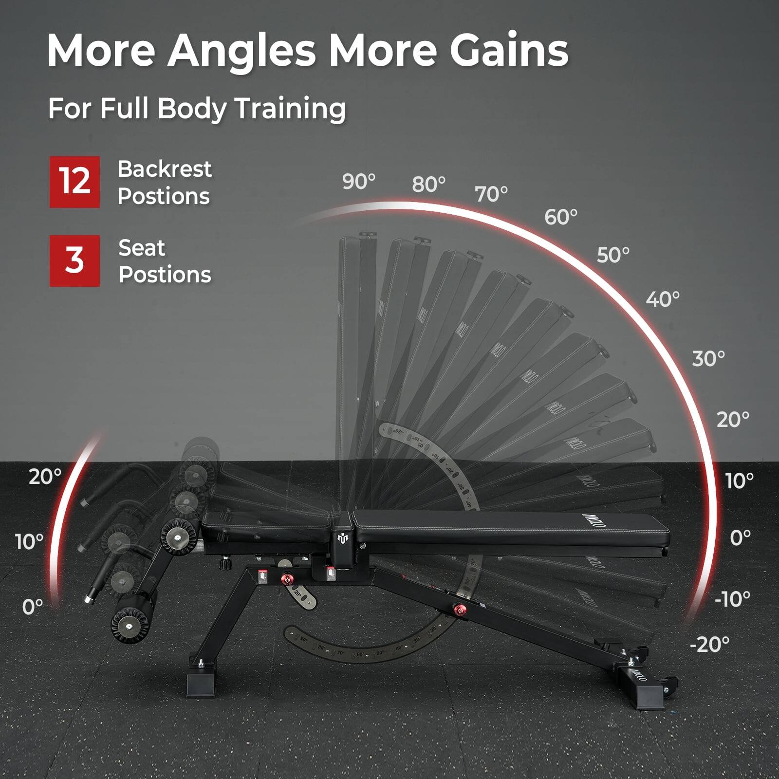 More Angles More Gains  
For Full Body Training  

12 Backrest Positions  
3 Seat Positions  

90° 80° 70° 60° 50° 40° 30° 20° 10° 0° -10° -20°