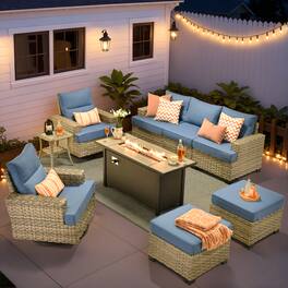Ovios - 9 PCS Patio Furniture Sofa Set with Swivel Chairs, Side Table & 54" Fire Pit Table for Backyard - Denim Blue