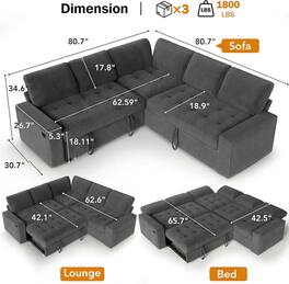 Dyonery - 80-inch 5-person seat Combination-style sofa, featuring adjustable backrest and storage space,corduroy Grey - Gray