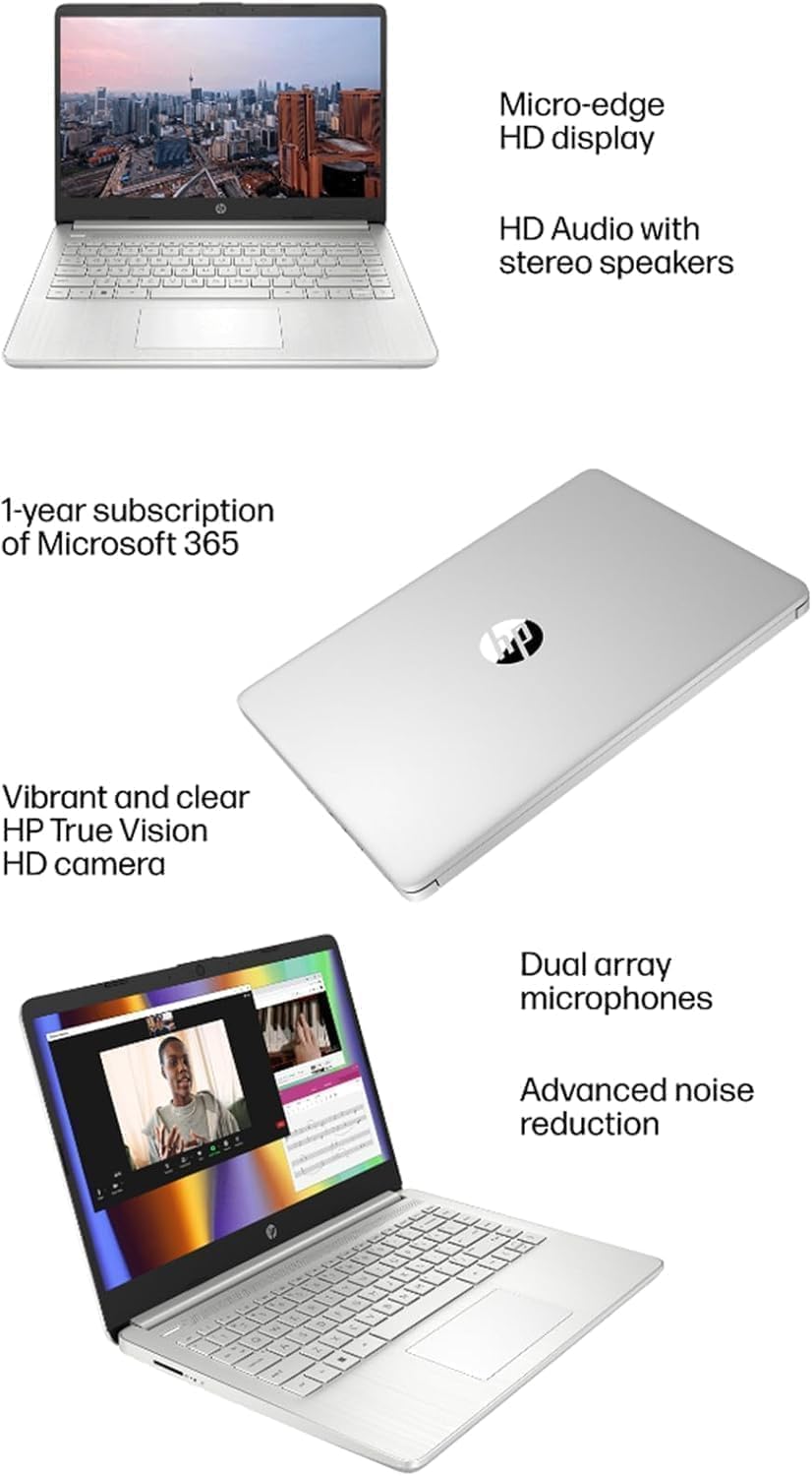 - Micro-edge HD display
- HD Audio with stereo speakers
- 1-year subscription of Microsoft 365
- Vibrant and clear HP True Vision HD camera
- Dual array microphones
- Advanced noise reduction