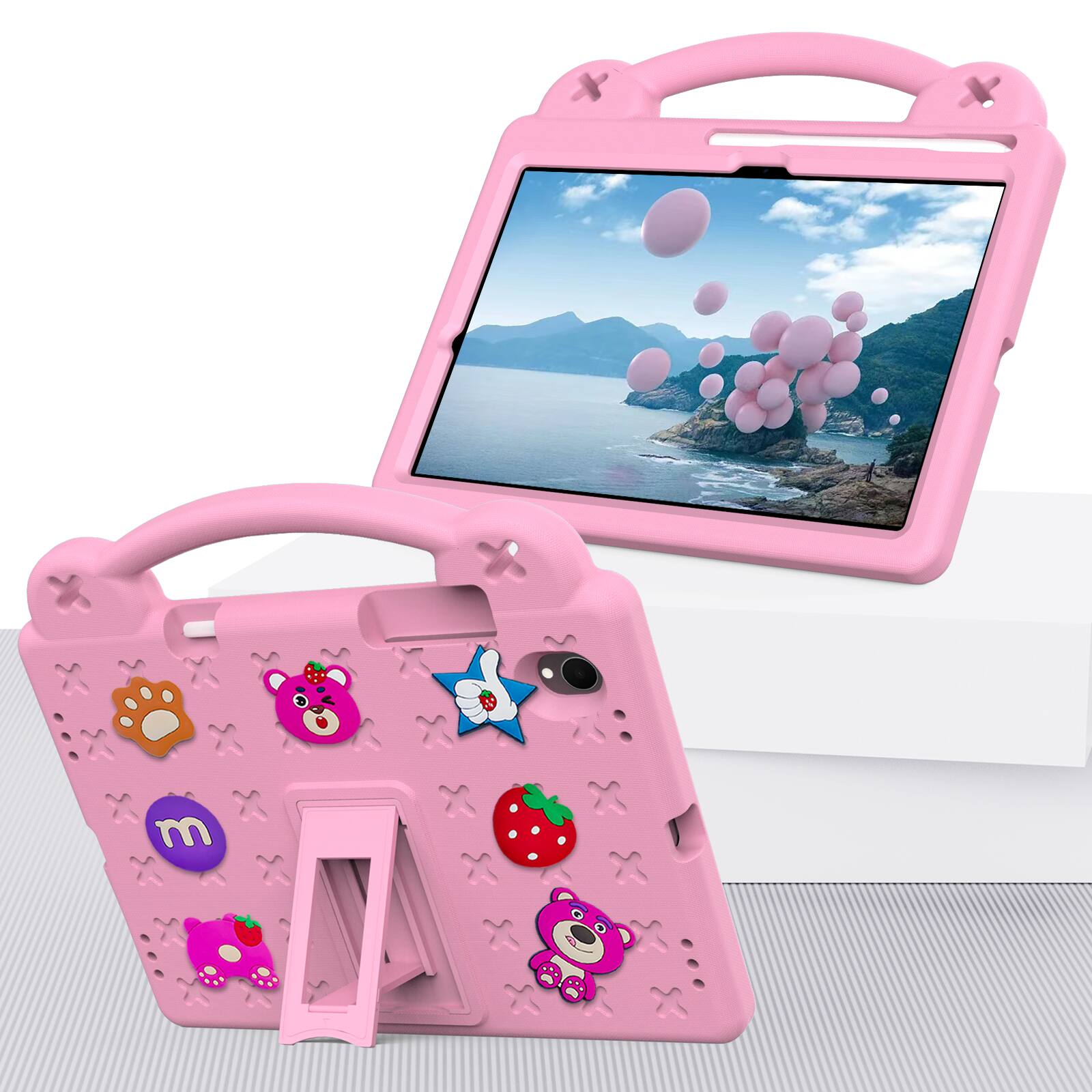 Angle. Dteck - For Samsung Galaxy Tab S11 2025 Cute Cartoon Kid Case Built-in Kickstand Handle Grip Shockproof Cover - Pink.