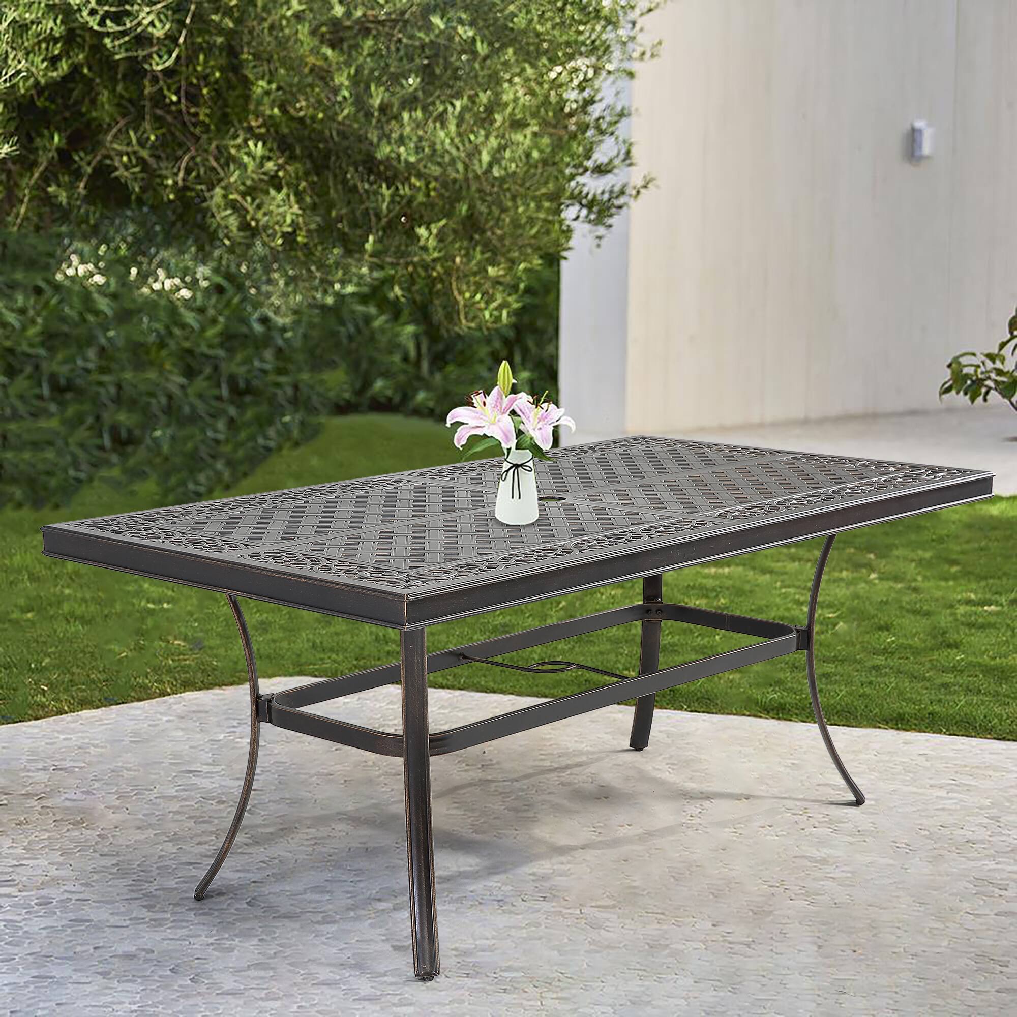 Angle. Mondawe - Patio Rectangle Cast Aluminum Dining Table with Umbrella Hole - Black.